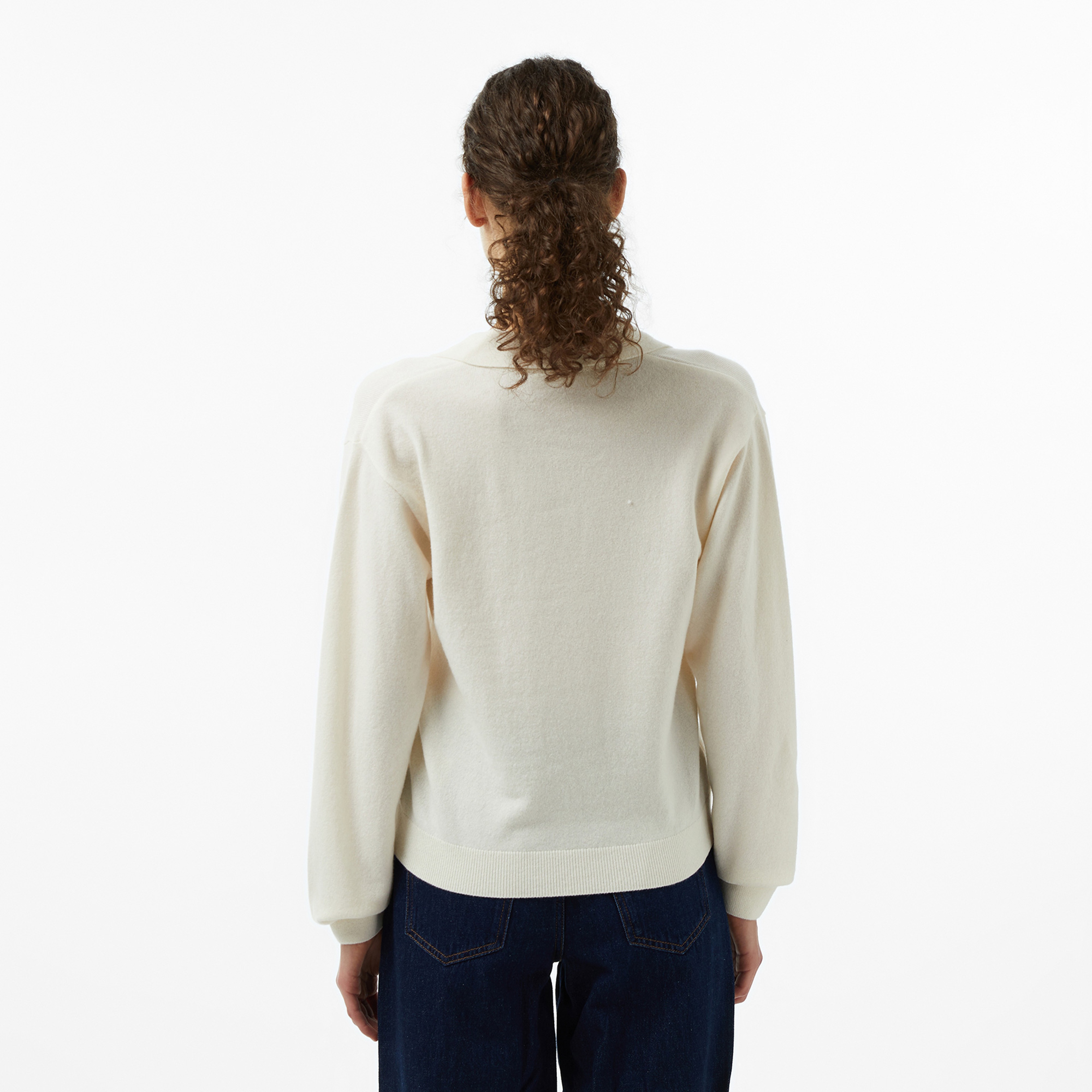 Kadın Classic Fit Polo Yaka Krem Kazak