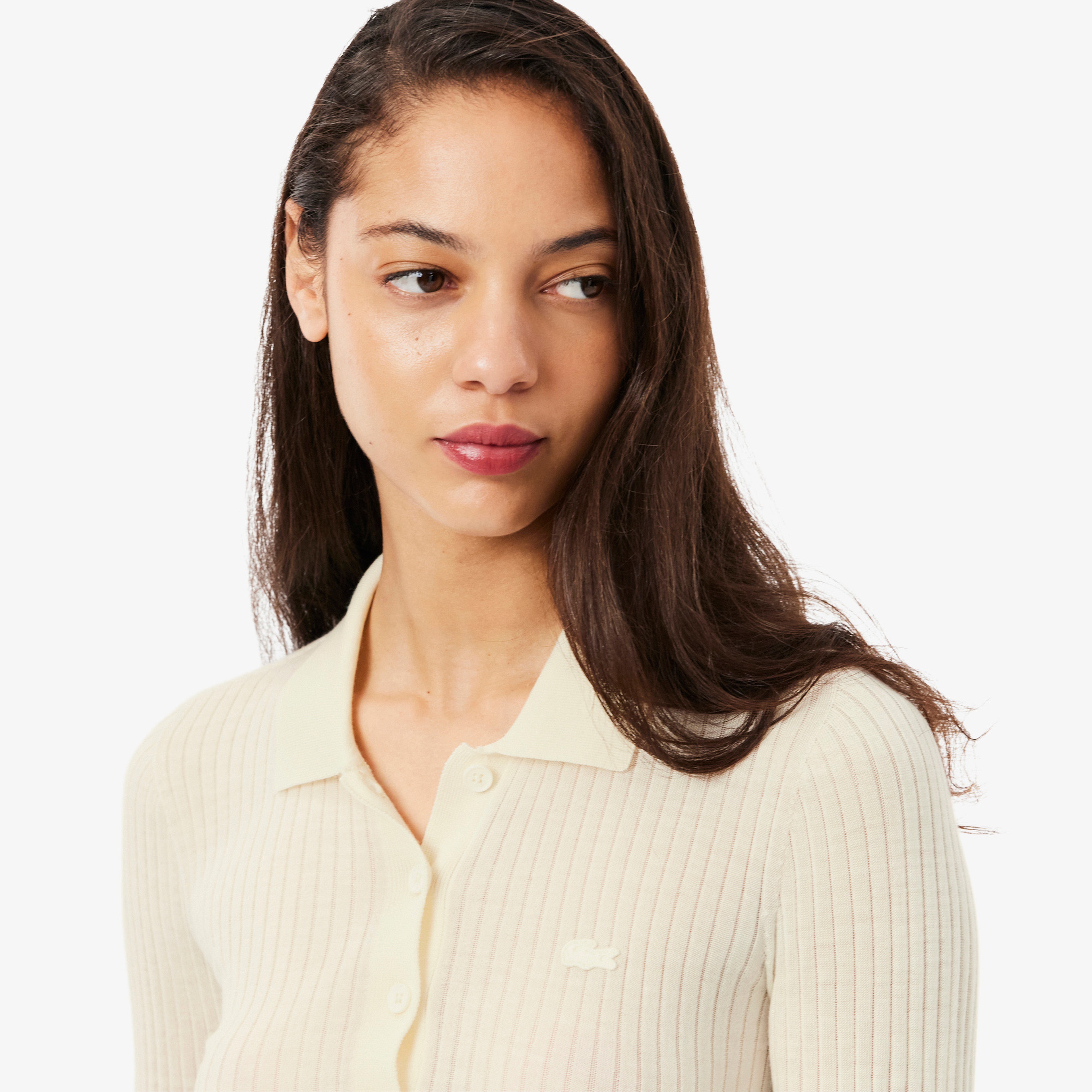 Kadın Regular Fit Polo Yaka Krem Kazak