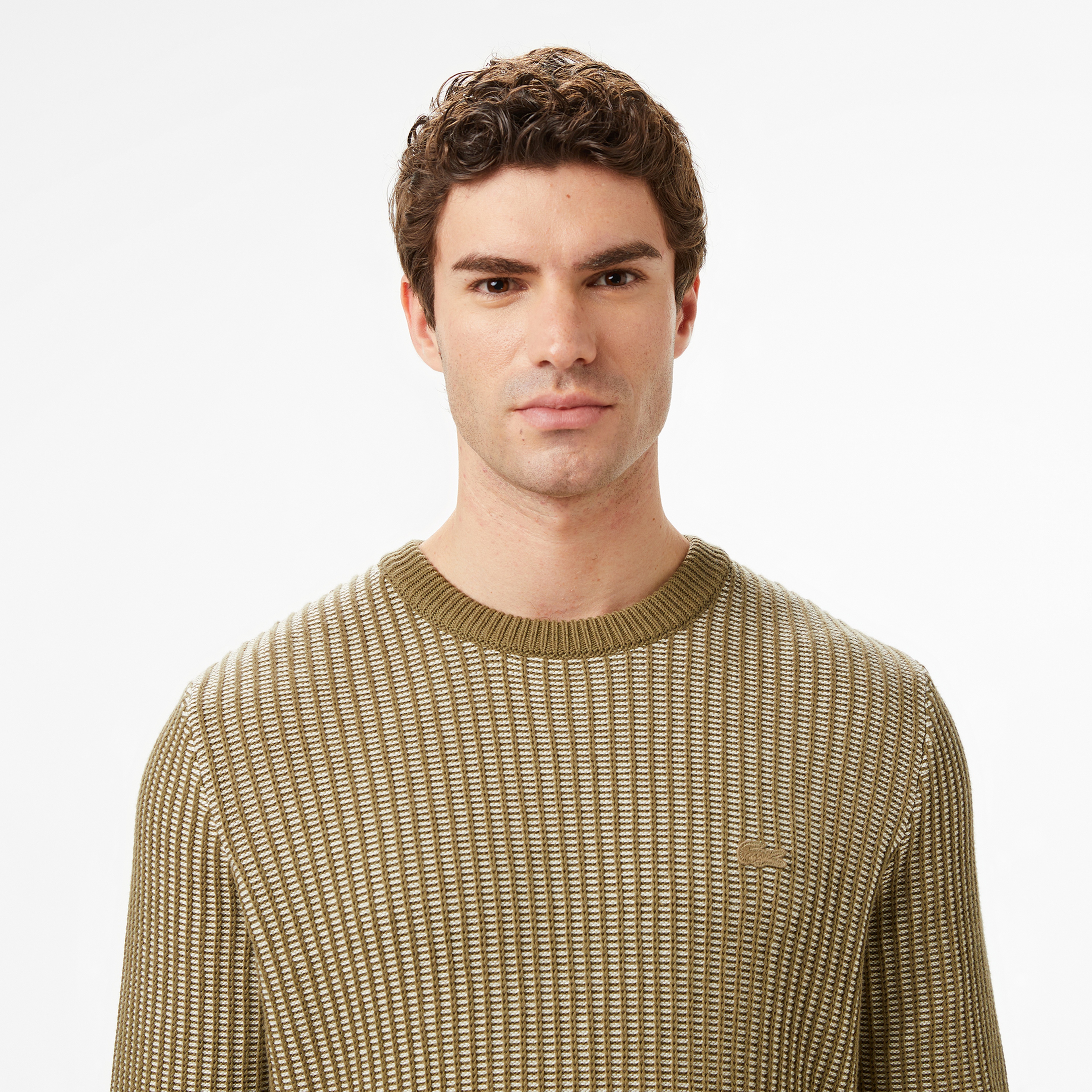 Erkek Classic Fit Bisiklet Yaka Desenli Haki Kazak