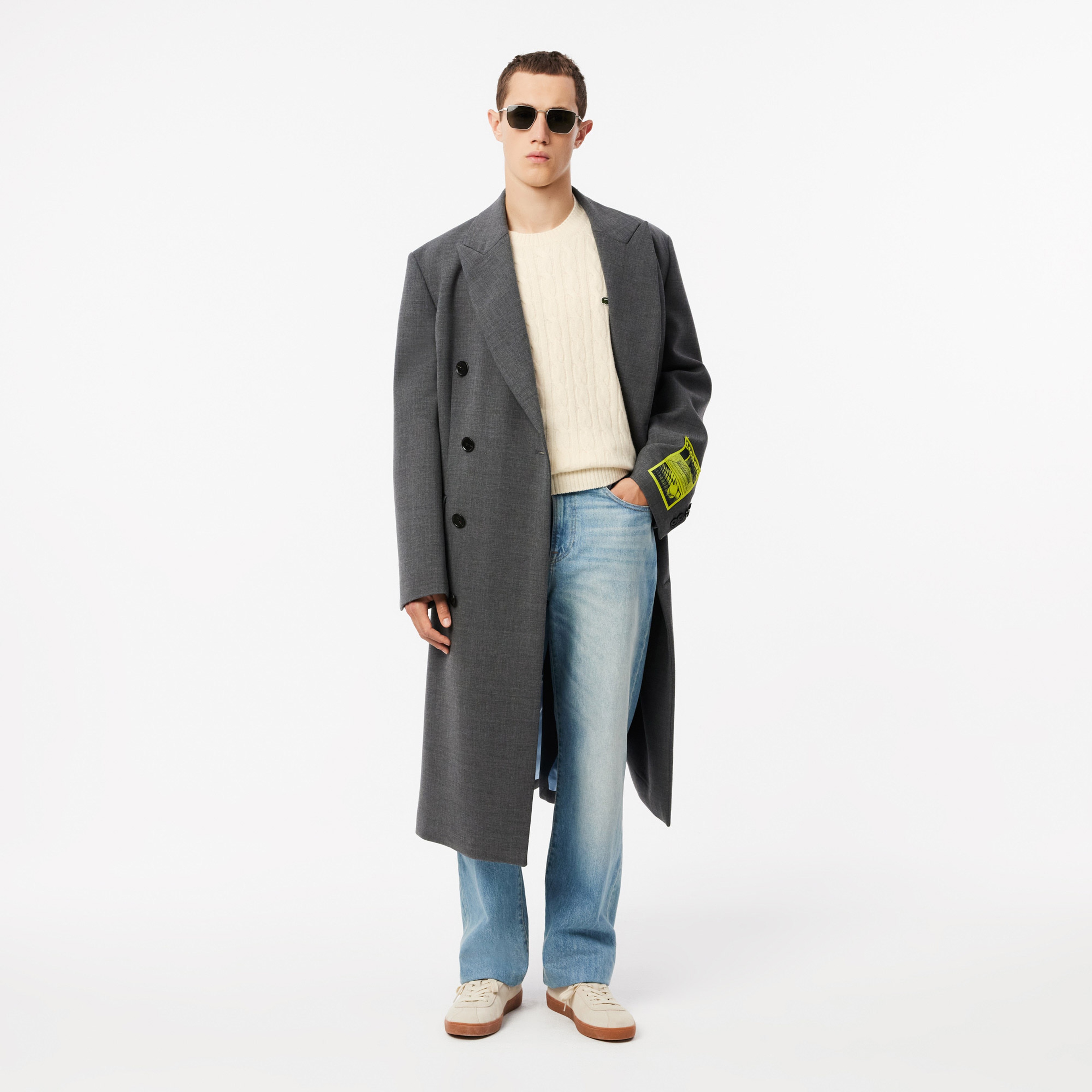 Lacoste Erkek Classic Fit Bisiklet Yaka Desenli Krem Kazak