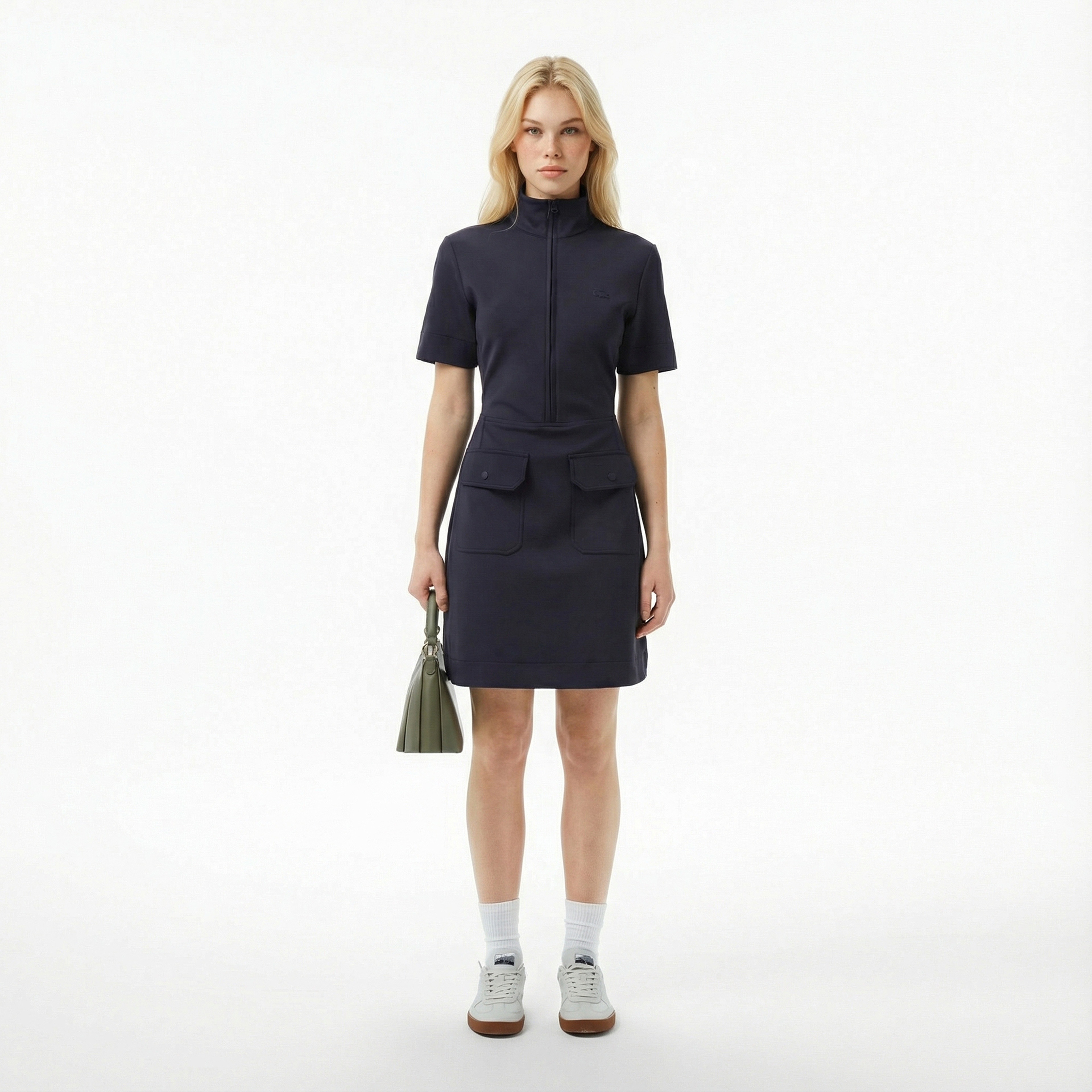 Kadın Classic Fit Kısa Kollu Dik Yaka Lacivert Elbise