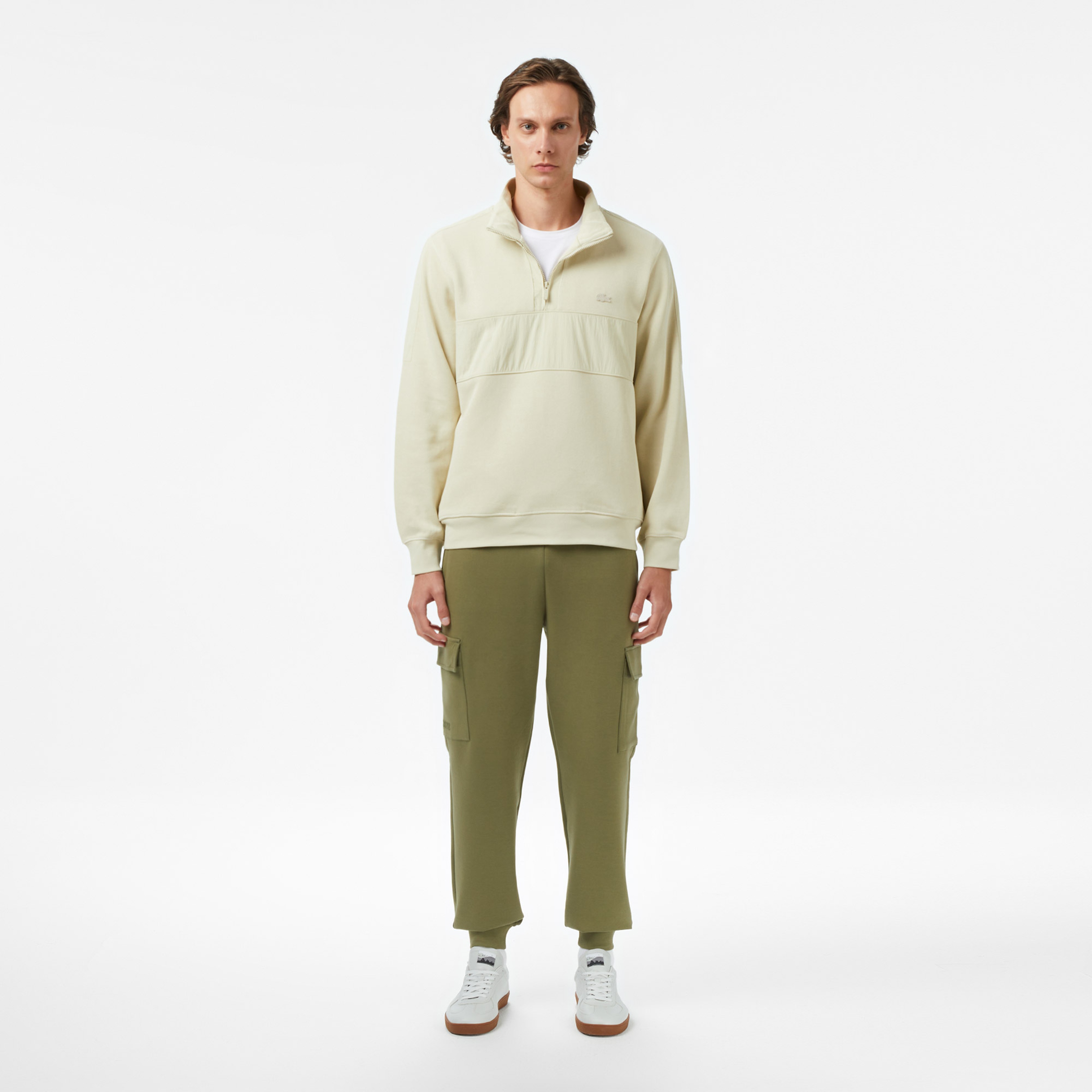 Lacoste Classic Fit Yarım Fermuarlı Desenli Erkek Bej Sweatshirt