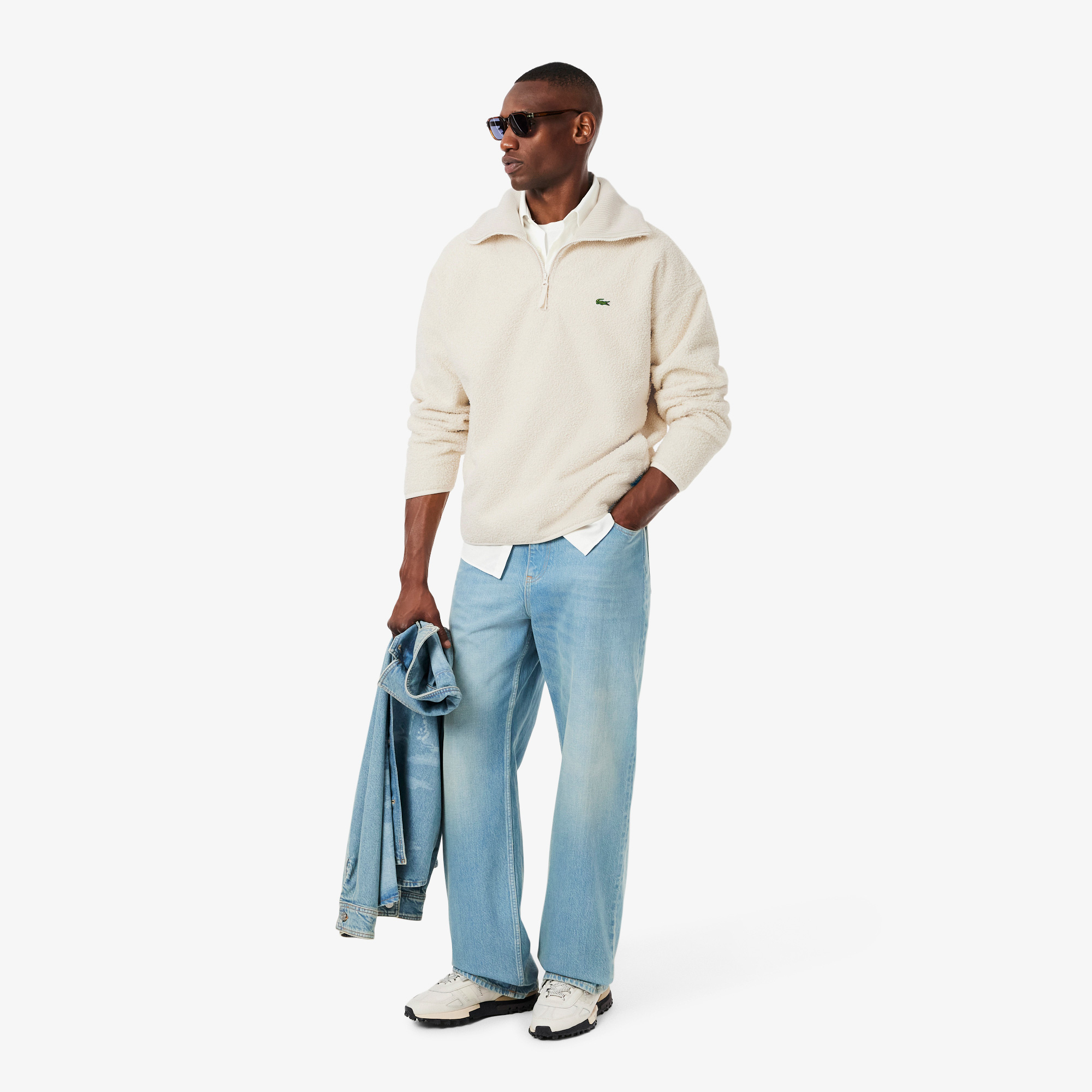 Erkek Loose Fit Yarım Fermuarlı Krem Sweatshirt