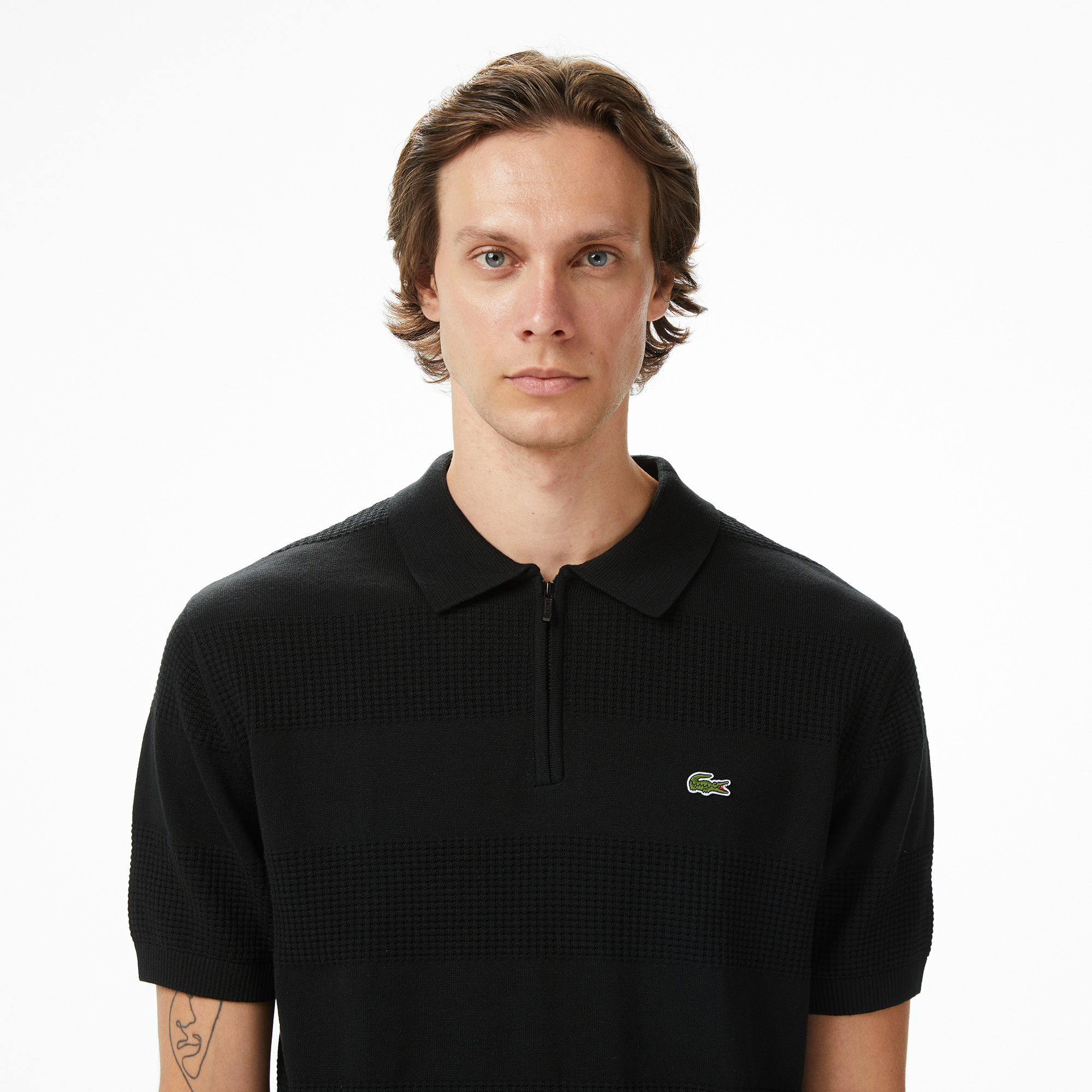 Erkek Classic Fit Kısa Kollu Polo Yaka Çizgili Siyah Triko