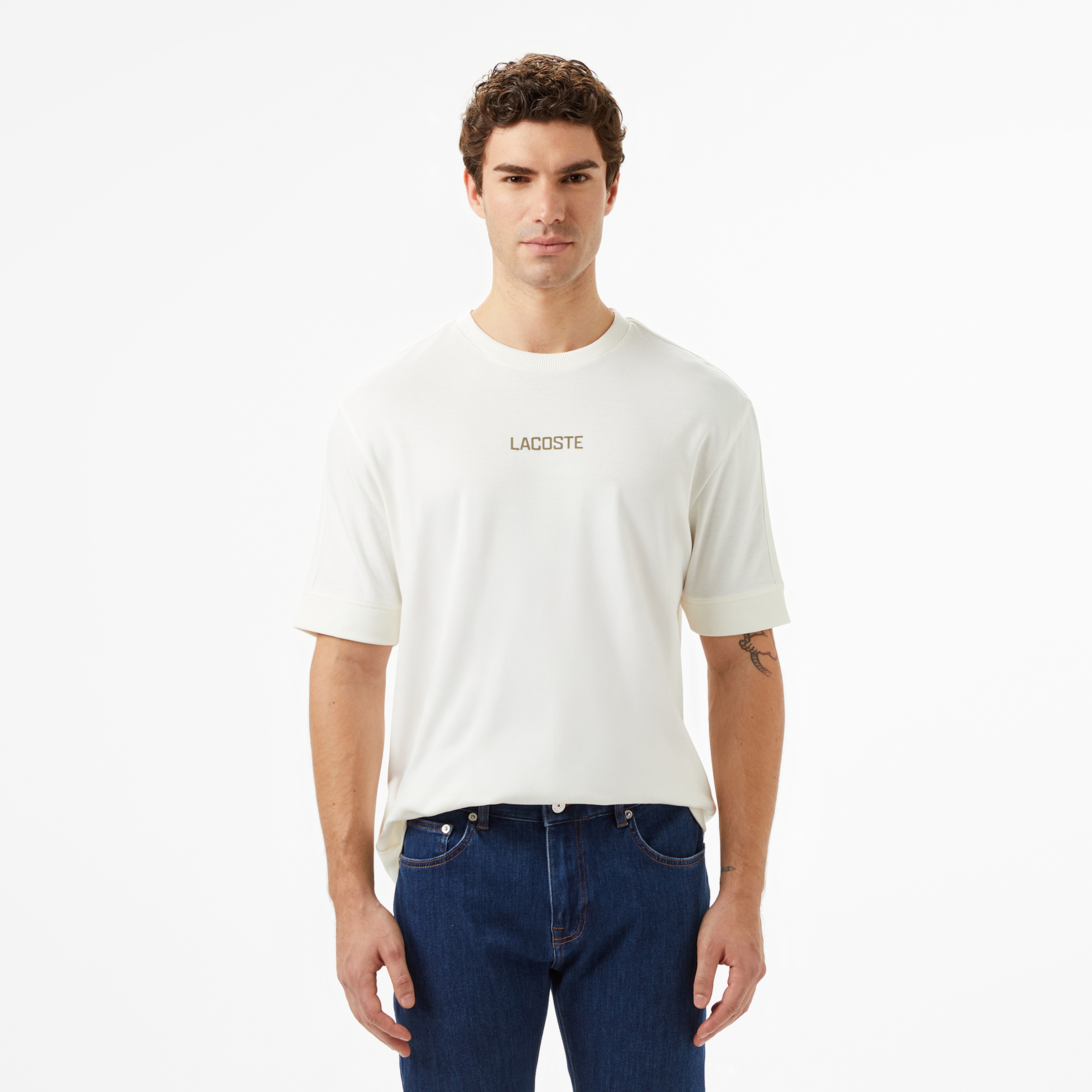 Lacoste Erkek Loose Fit Bisiklet Yaka Baskılı Beyaz T-Shirt