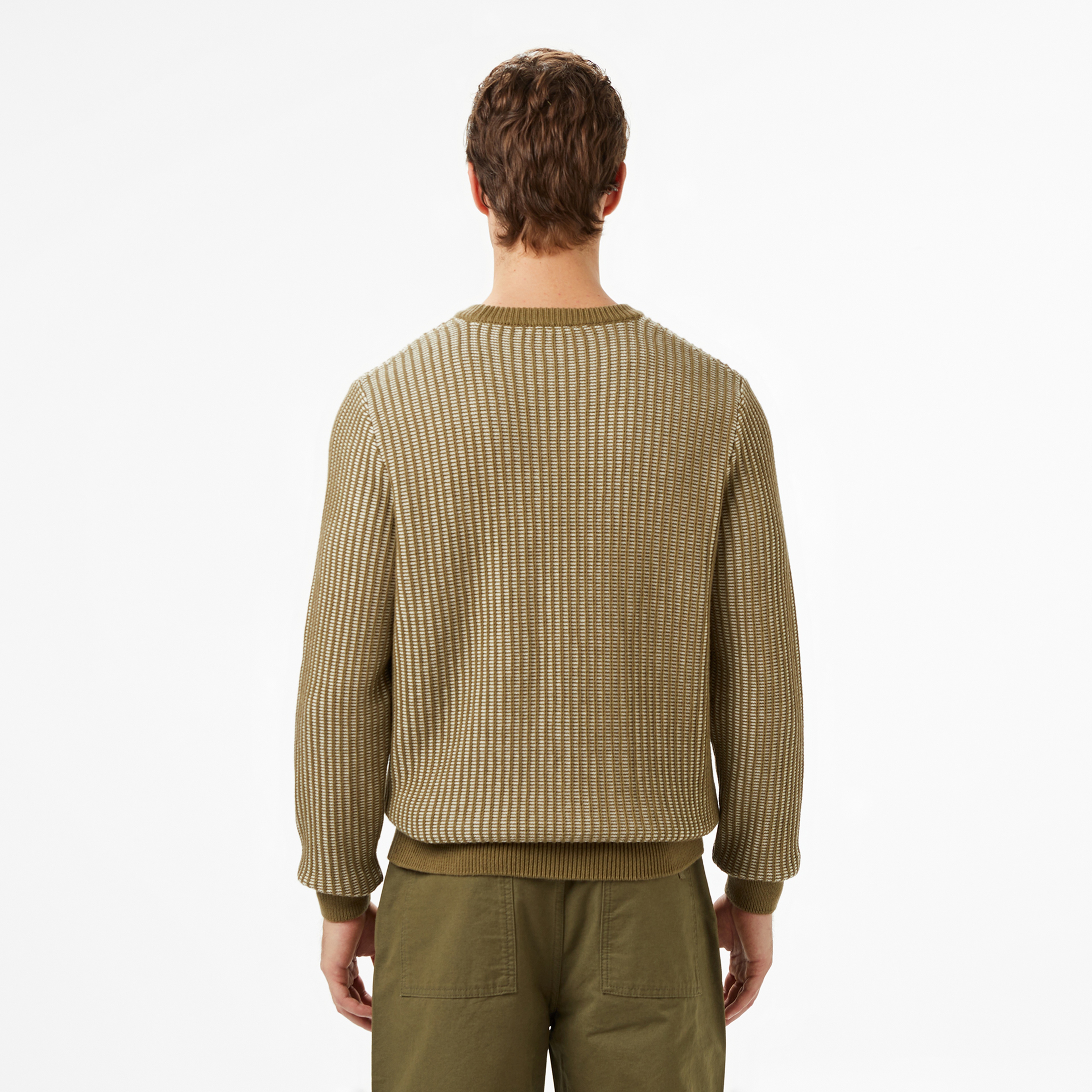 Erkek Classic Fit Bisiklet Yaka Desenli Haki Kazak