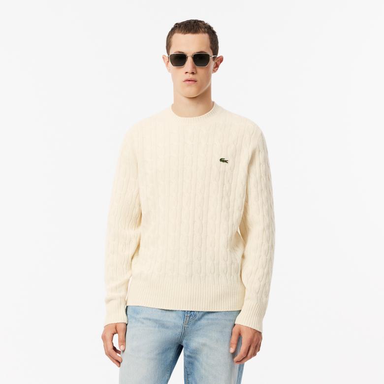 Erkek Classic Fit Bisiklet Yaka Desenli Krem Kazak