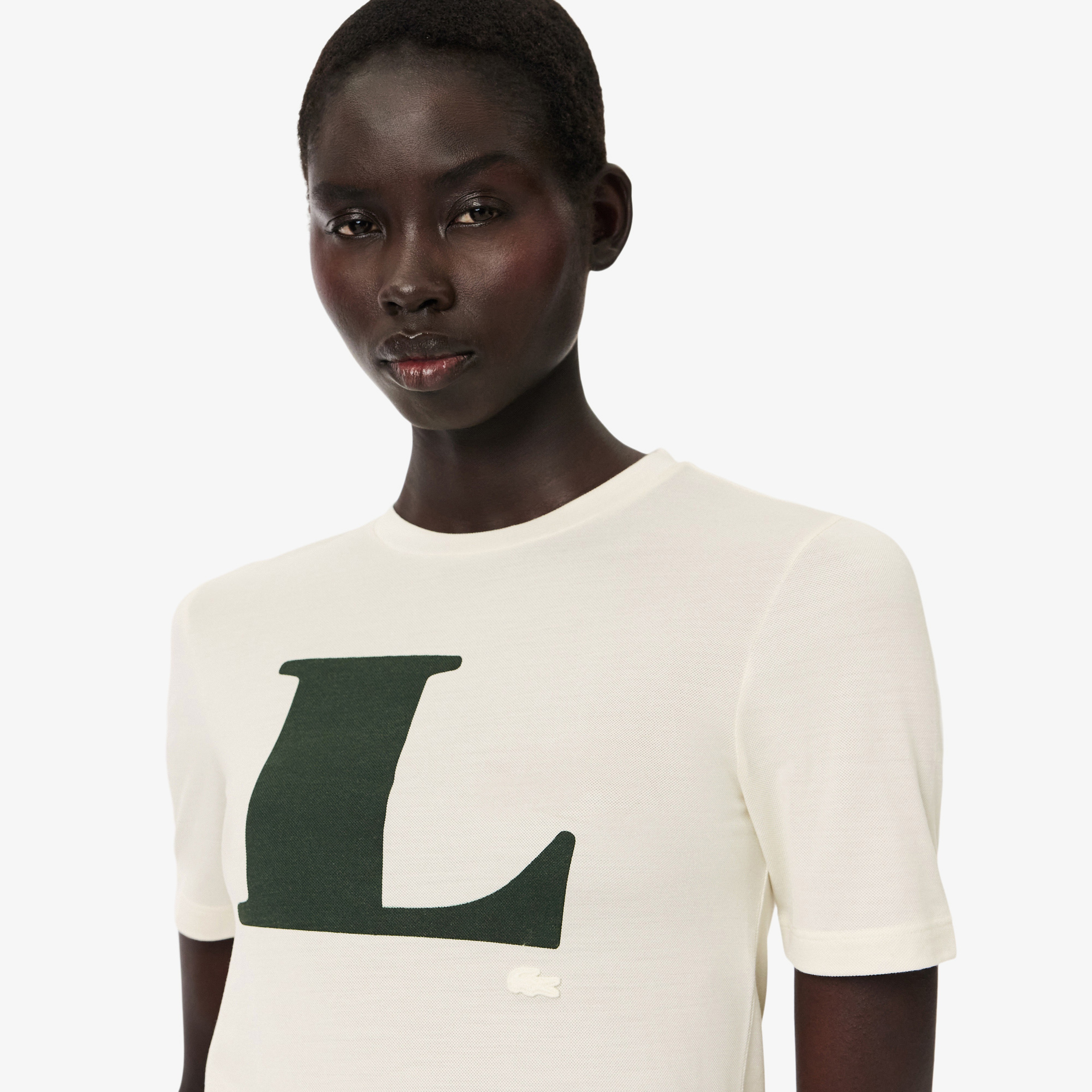 Lacoste Runway Kadın Bisiklet Yaka Baskılı İpek Beyaz T-Shirt