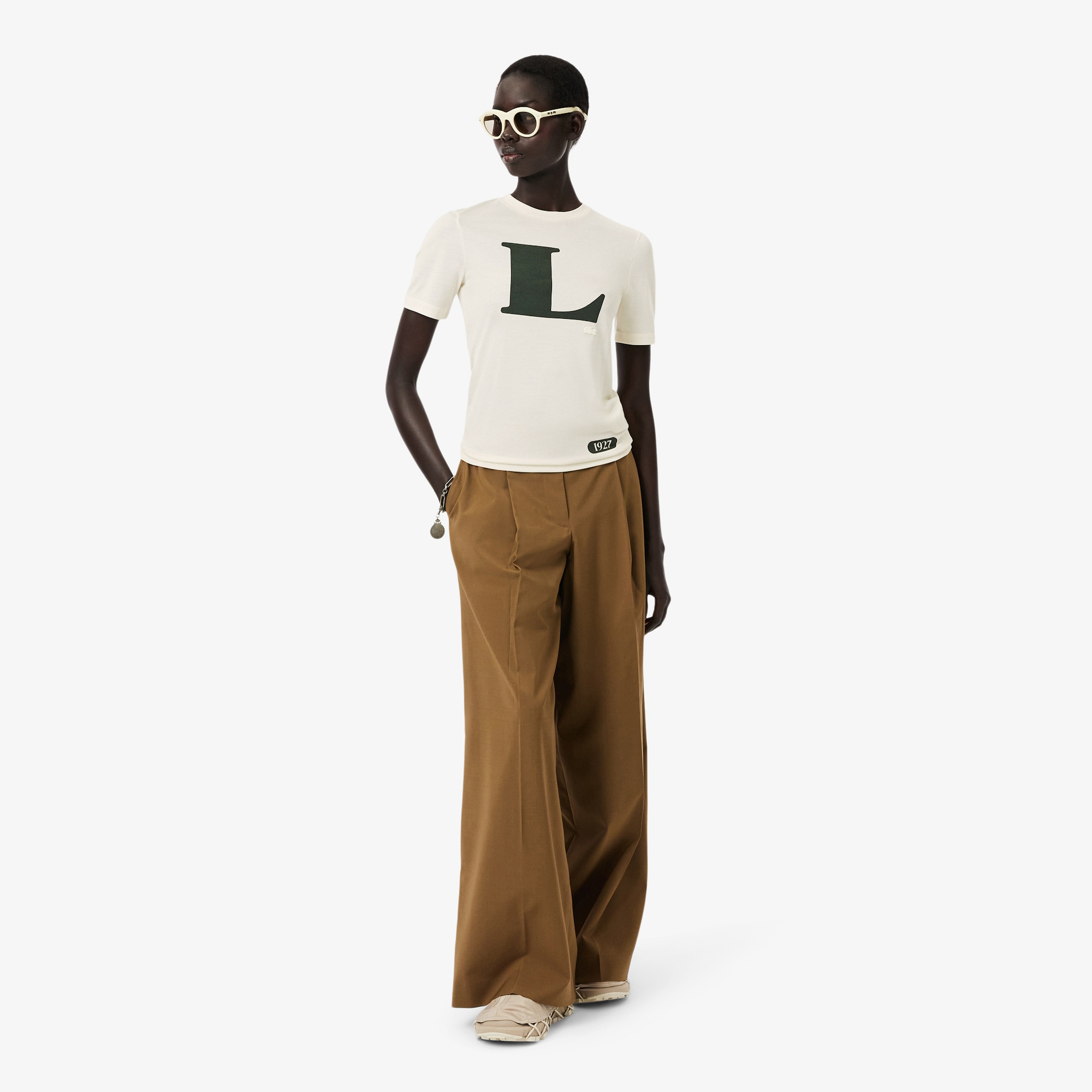 Lacoste Runway Kadın Bisiklet Yaka Baskılı İpek Beyaz T-Shirt
