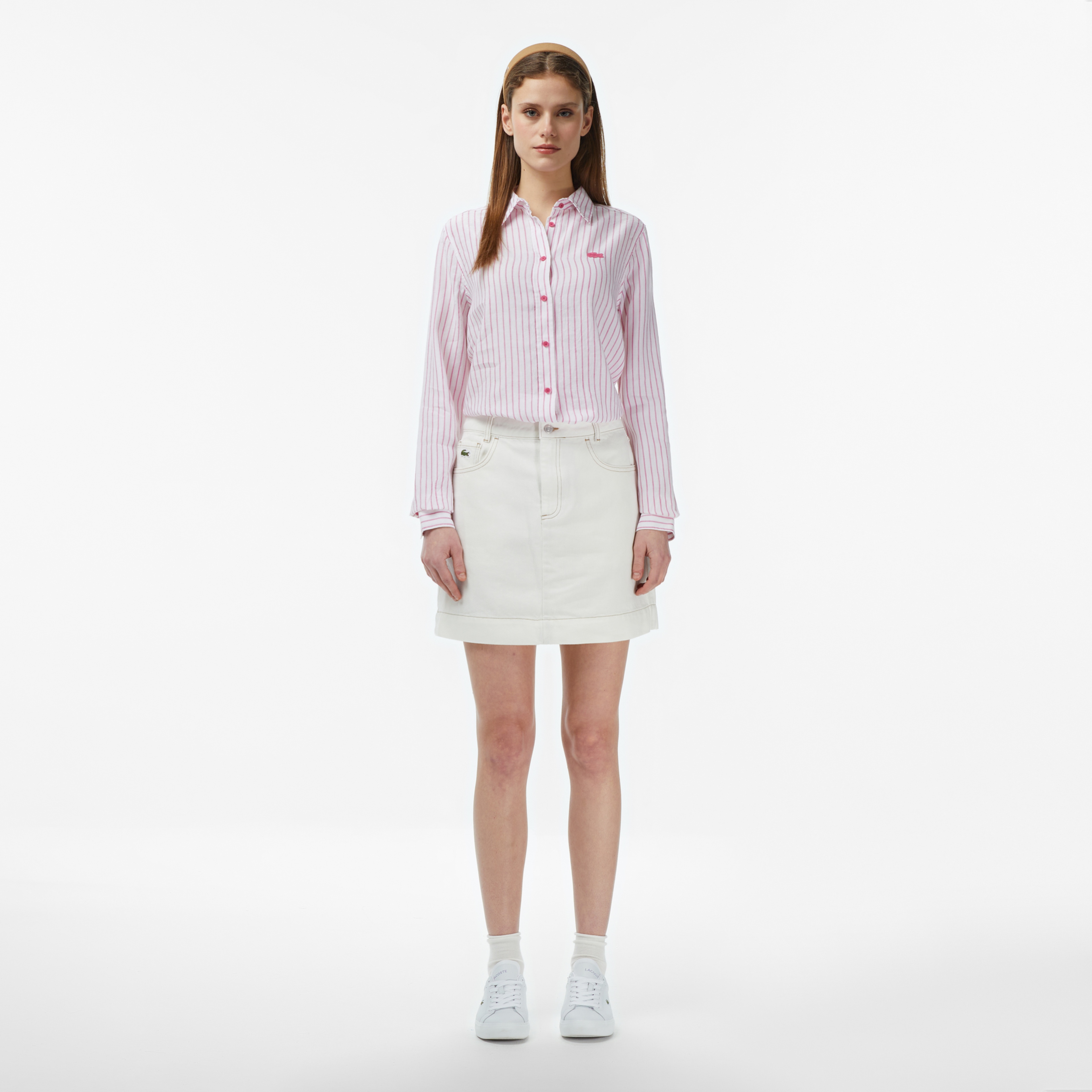 Lacoste Kadın Relaxed Fit Keten Çizgili Pembe Gömlek