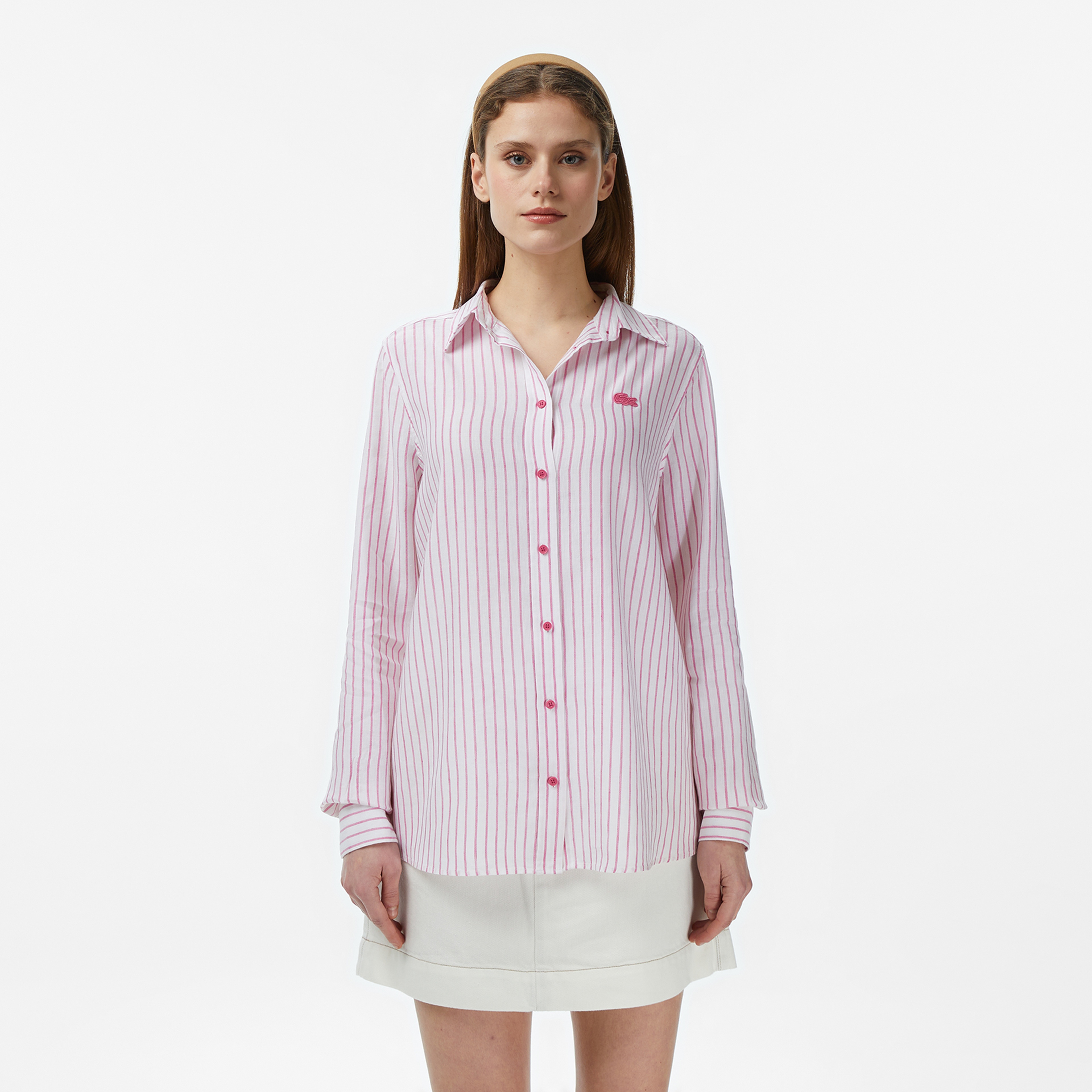 Lacoste Kadın Relaxed Fit Keten Çizgili Pembe Gömlek