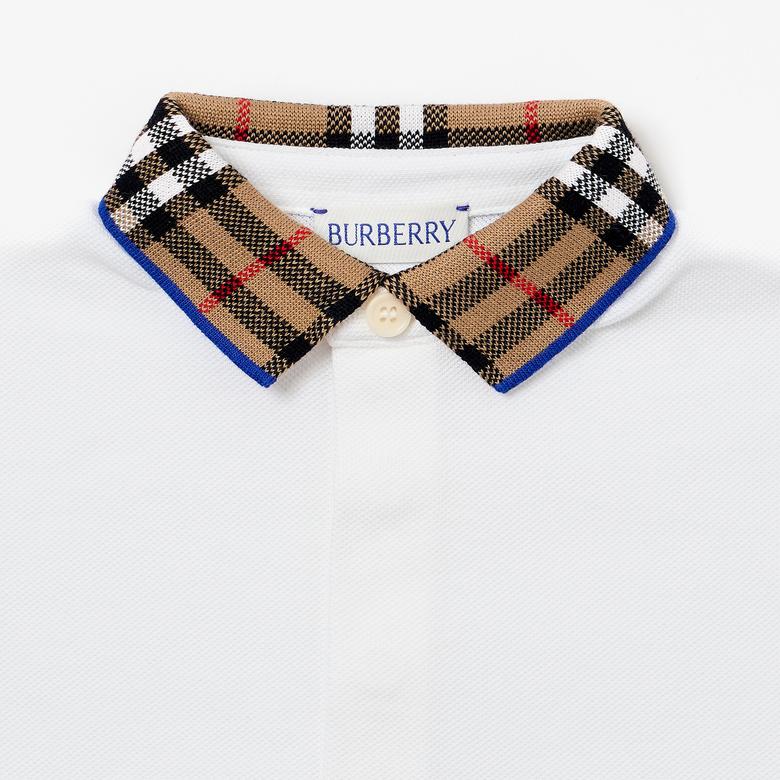 Burberry Check Yaka Detaylı Pamuklu Çocuk Beyaz Polo