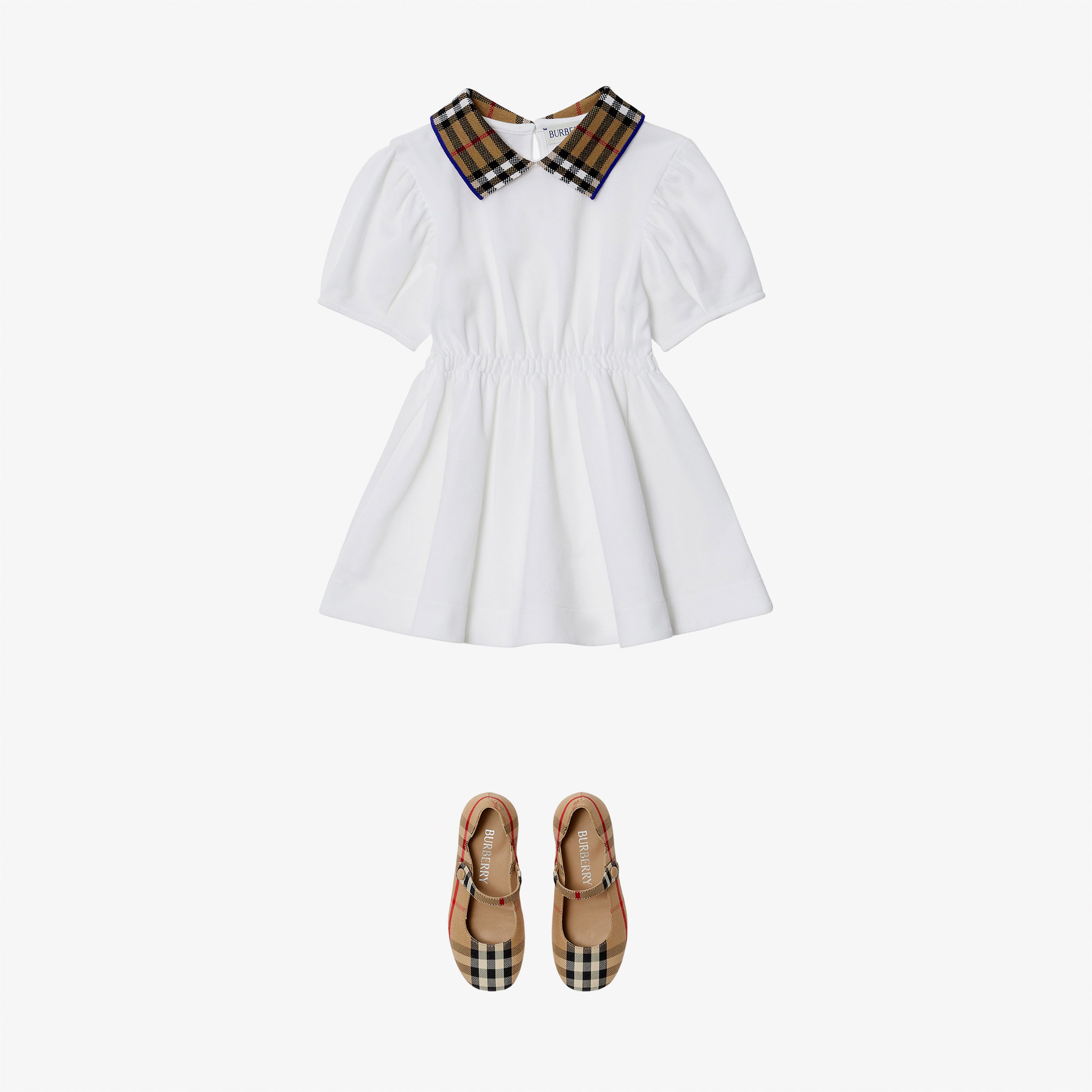 Burberry Check Collar Pamuklu Çocuk Beyaz Elbise