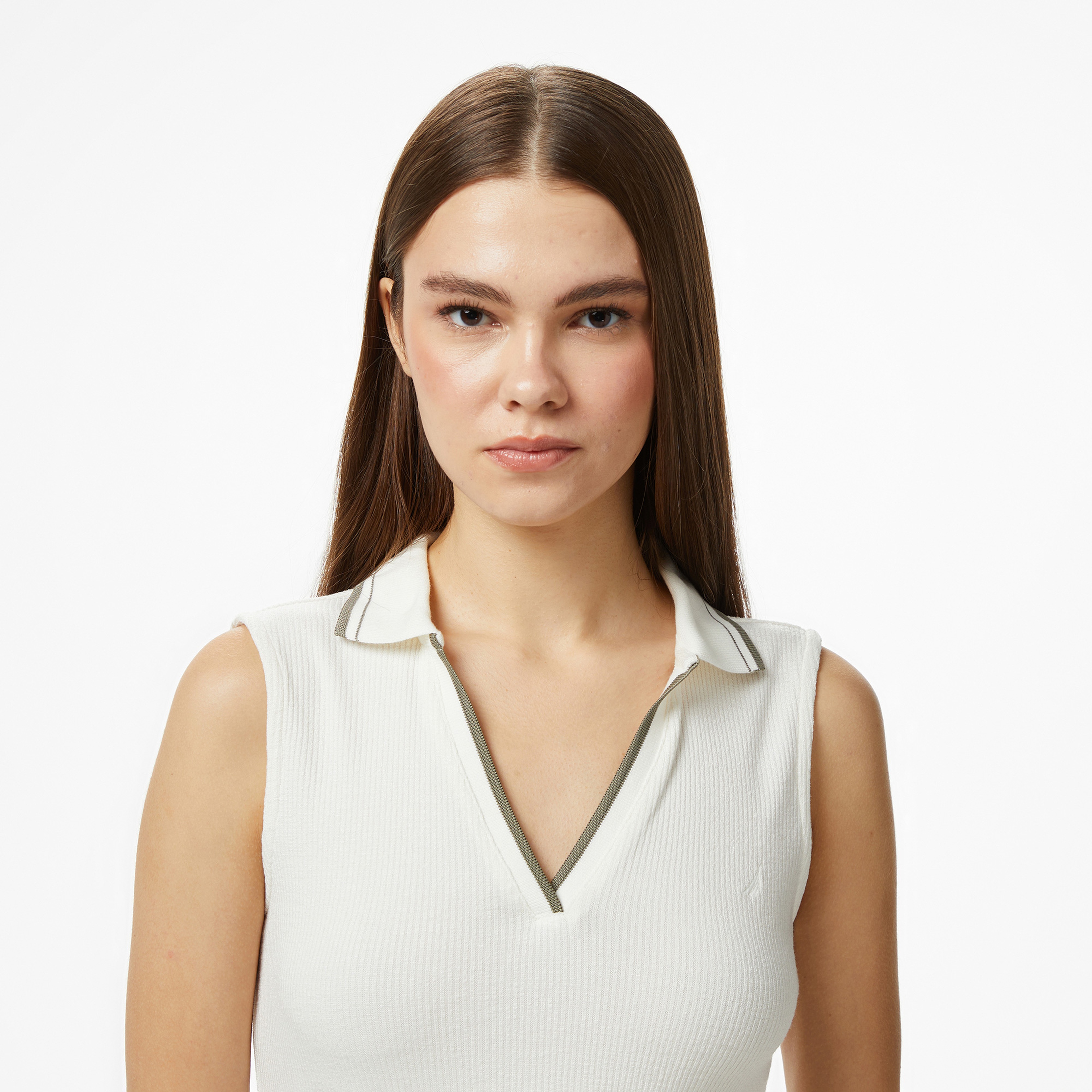 Nautica Kadın Krem Regular Fit Kolsuz Polo Yaka T-Shirt