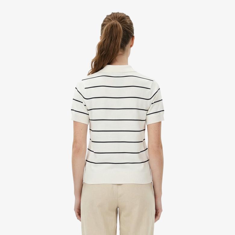 Nautica Kadın Beyaz Regular Fit Çizgili Triko Polo Yaka T-Shirt