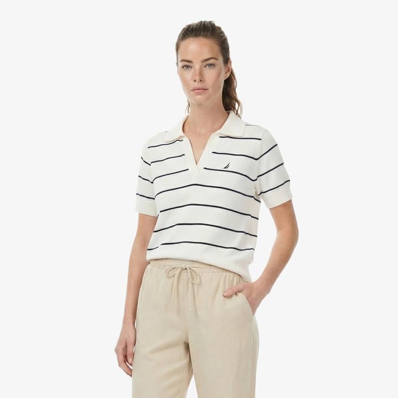 Nautica Kadın Beyaz Regular Fit Çizgili Triko Polo Yaka T-Shirt