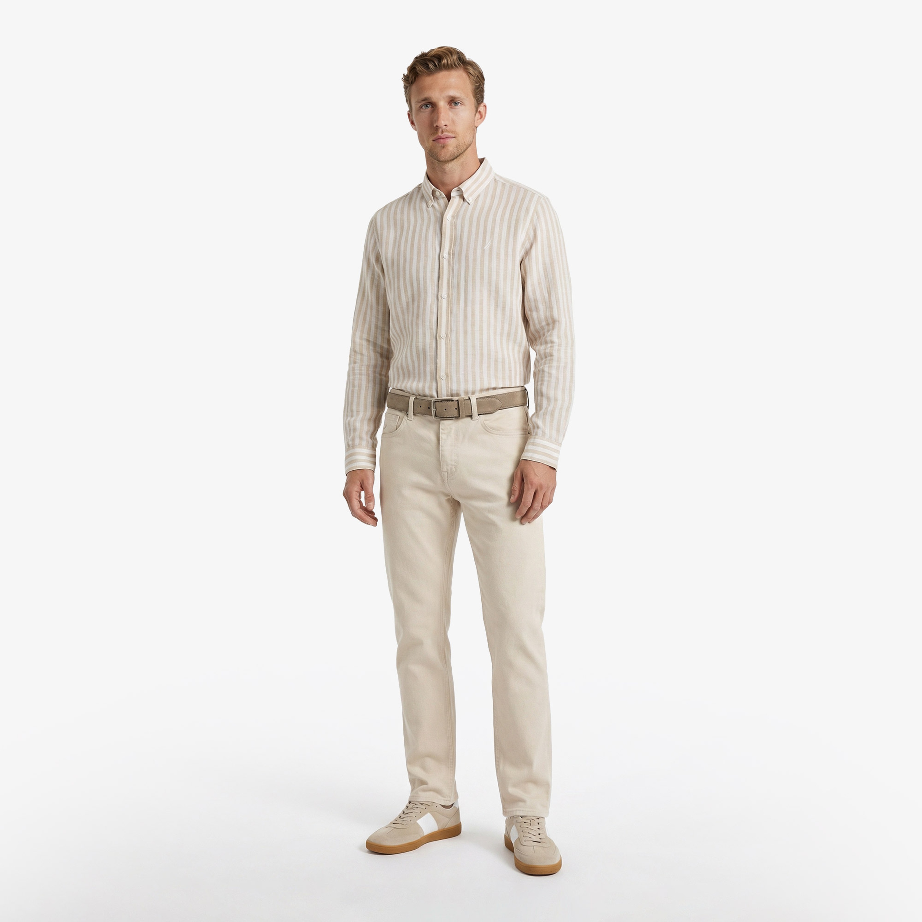 Nautica Erkek Bej Regular Fit Çizgili Keten Gömlek