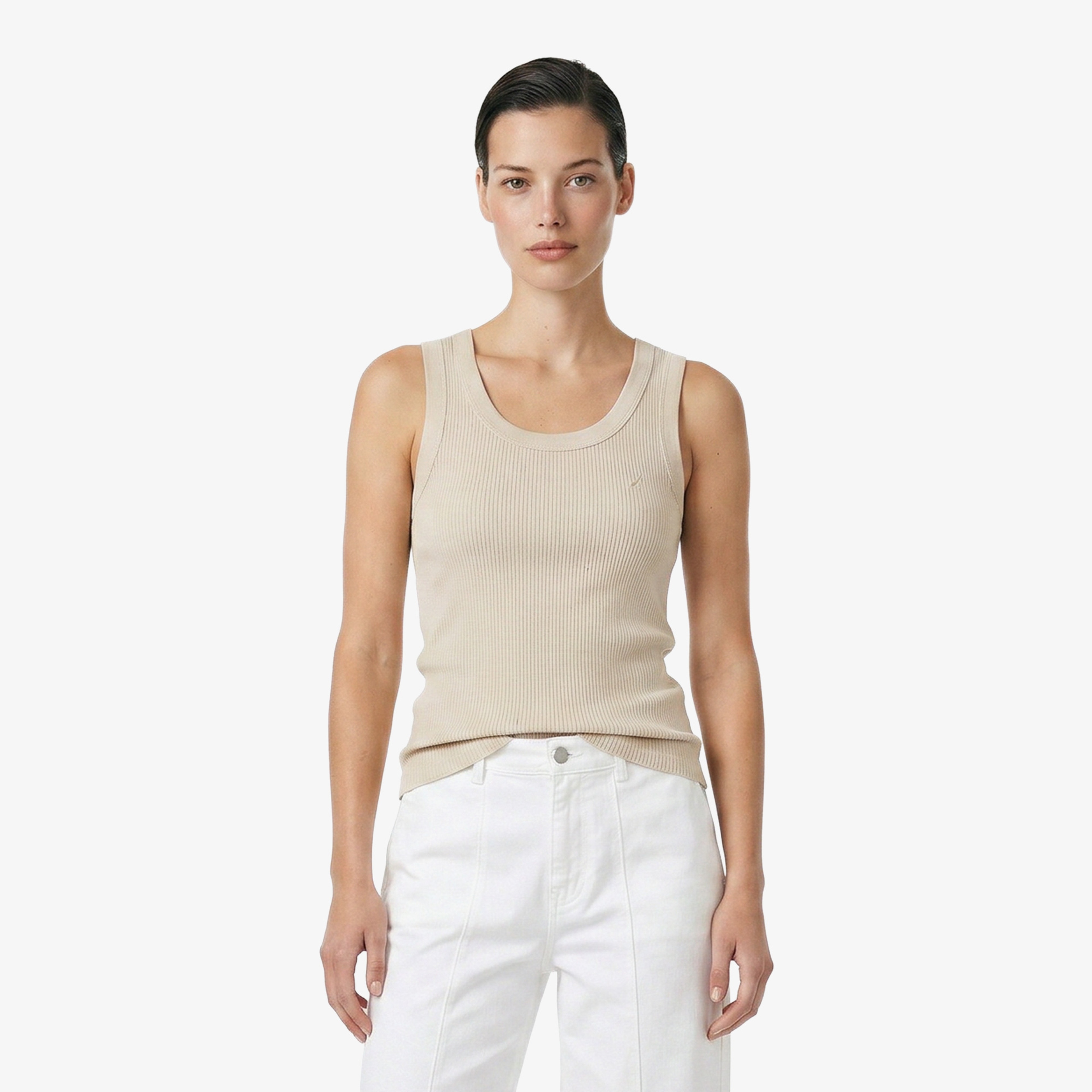 Nautica Kadın Bej Slim Fit Kolsuz T-Shirt