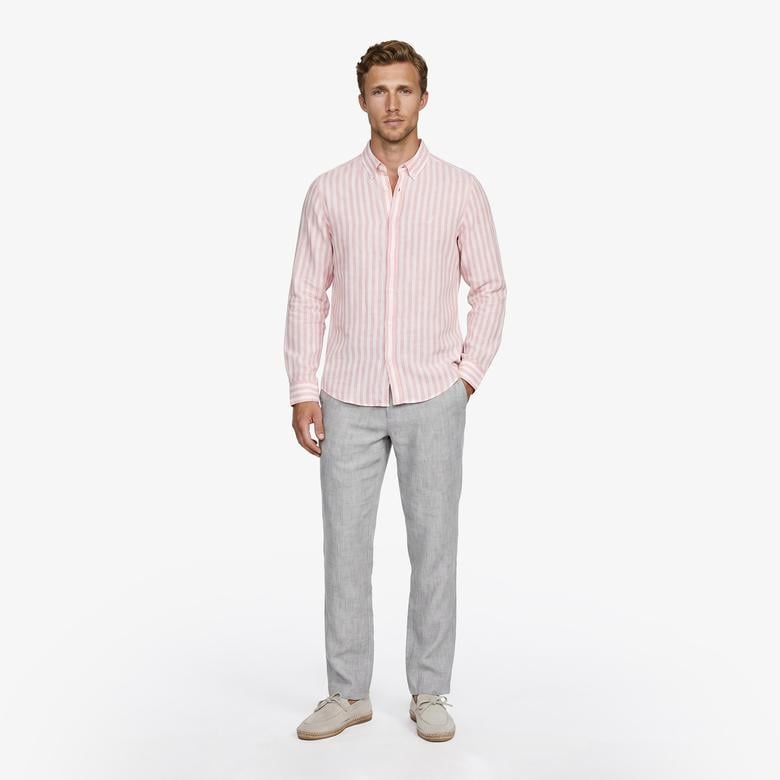 Nautica Erkek Bej Regular Fit Çizgili Keten Gömlek