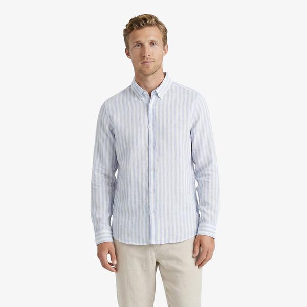 Nautica Erkek Mavi Regular Fit Çizgili Keten Gömlek