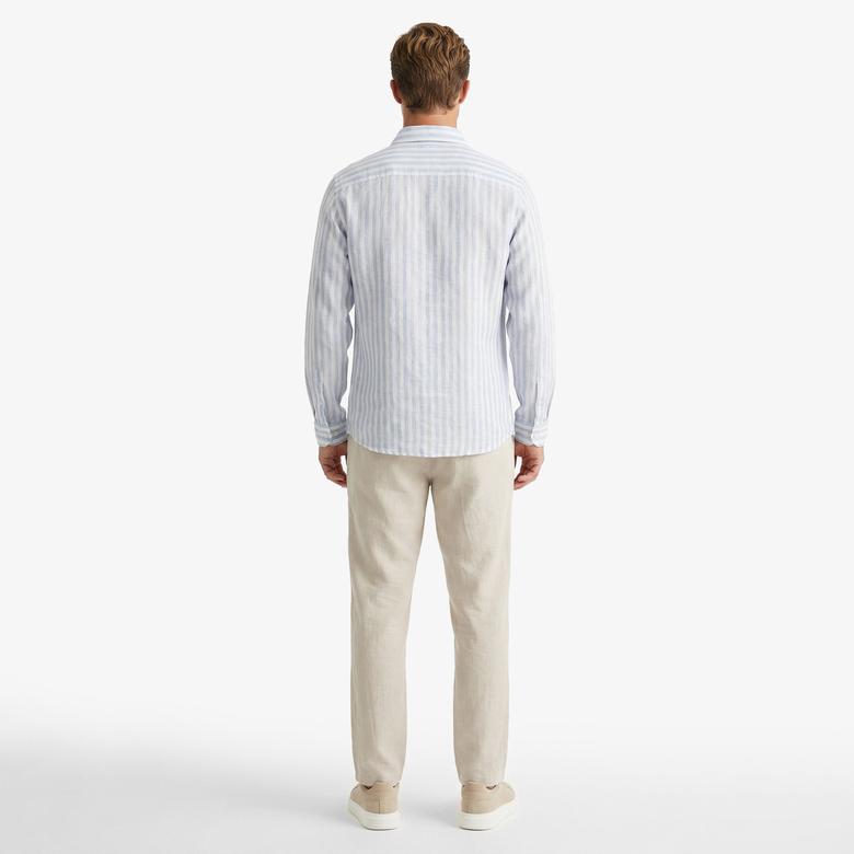 Nautica Erkek Mavi Regular Fit Çizgili Keten Gömlek