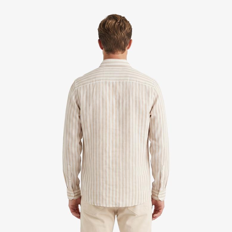 Nautica Erkek Bej Regular Fit Çizgili Keten Gömlek