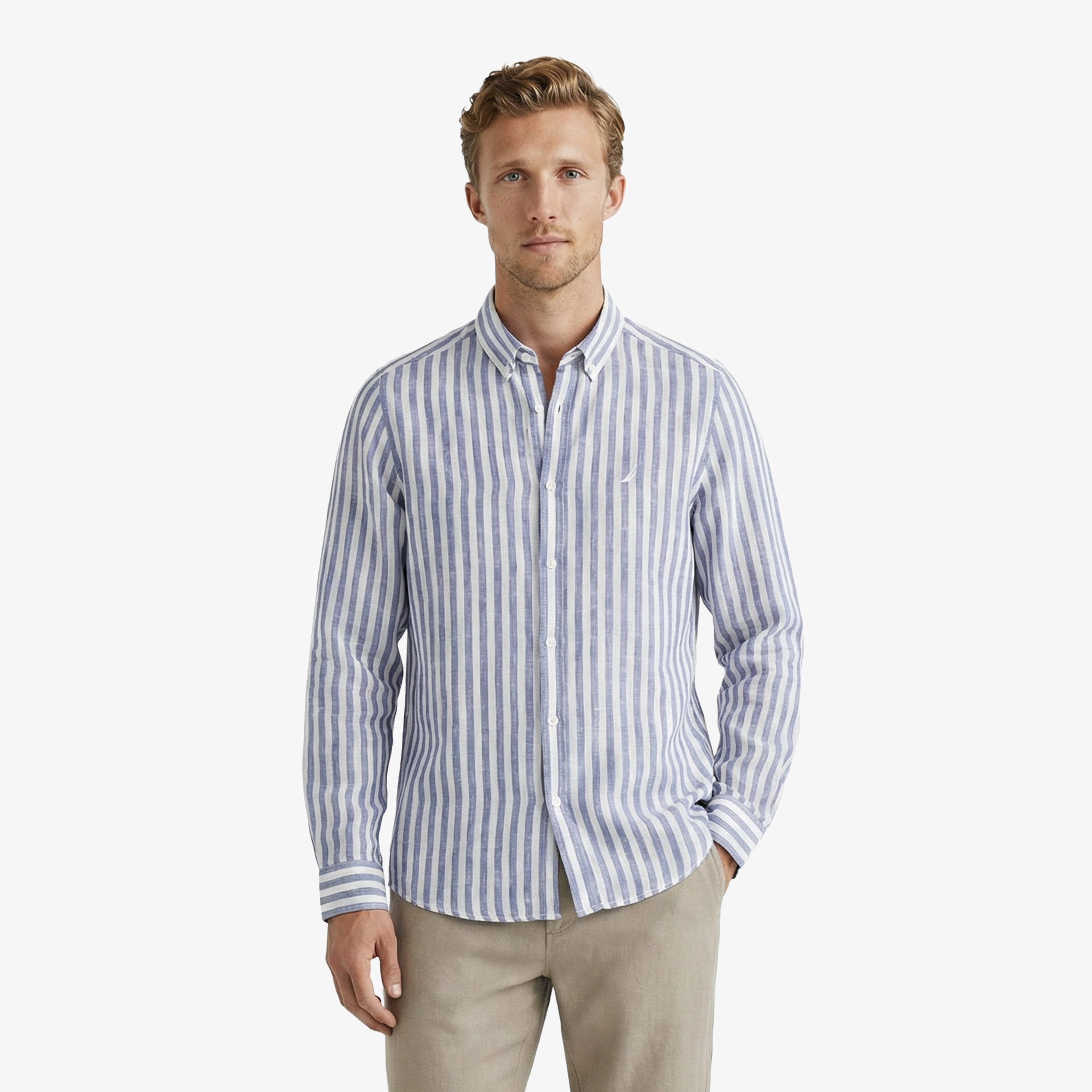 Nautica Erkek Koyu Mavi Regular Fit Çizgili Keten Gömlek