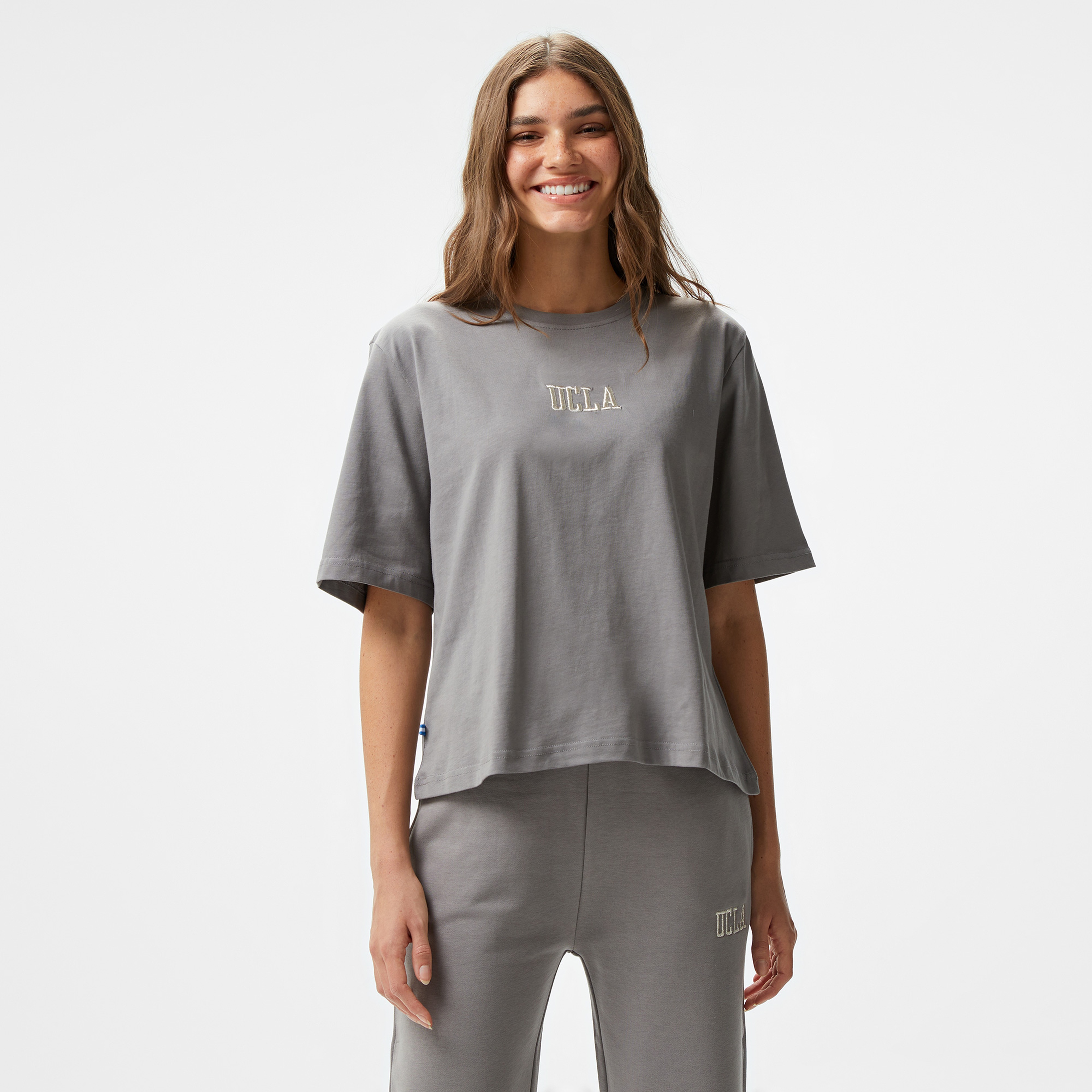 Ucla Manuela Nakışlı Kadın Gri Bisiklet Yaka T-Shirt