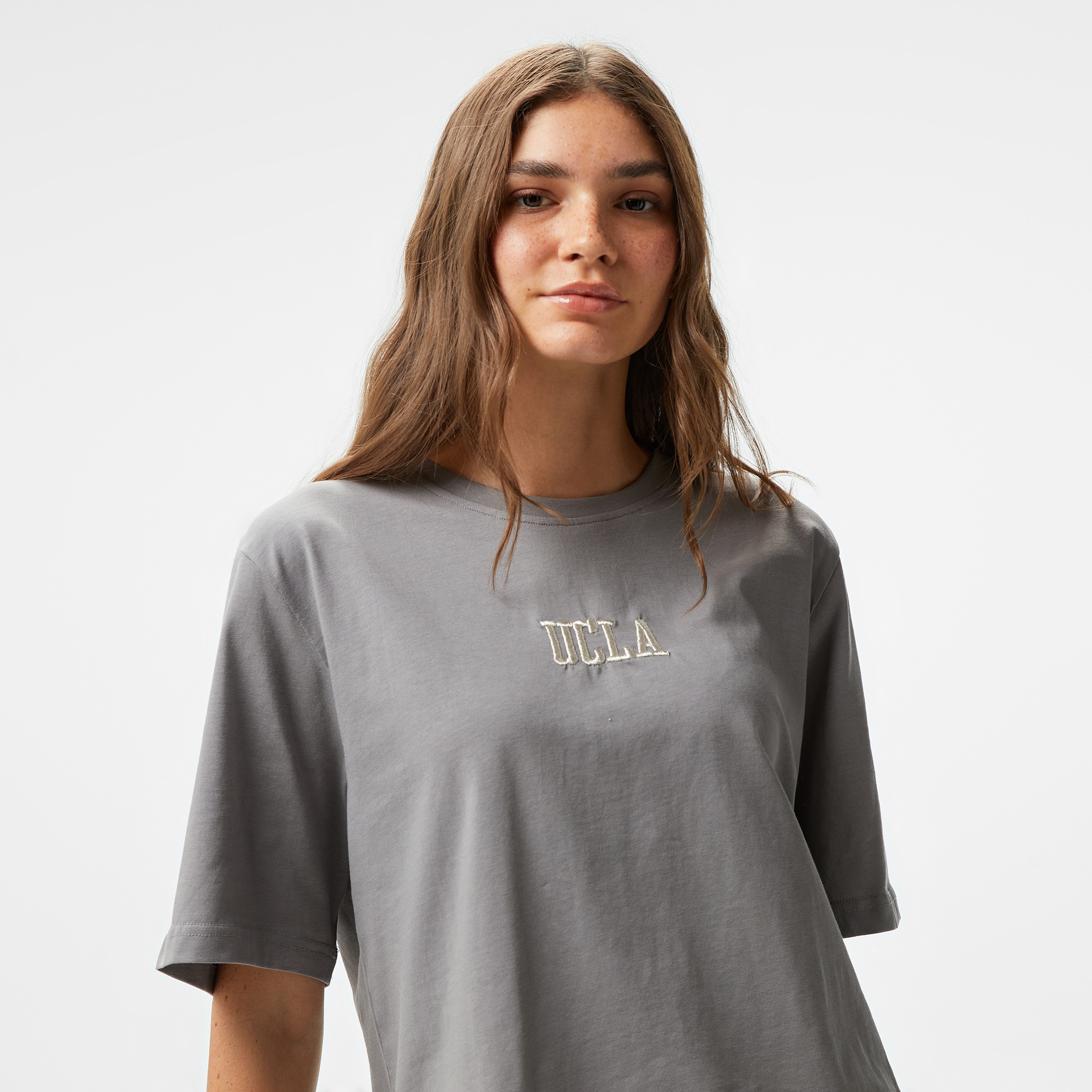 Ucla Manuela Nakışlı Kadın Gri Bisiklet Yaka T-Shirt