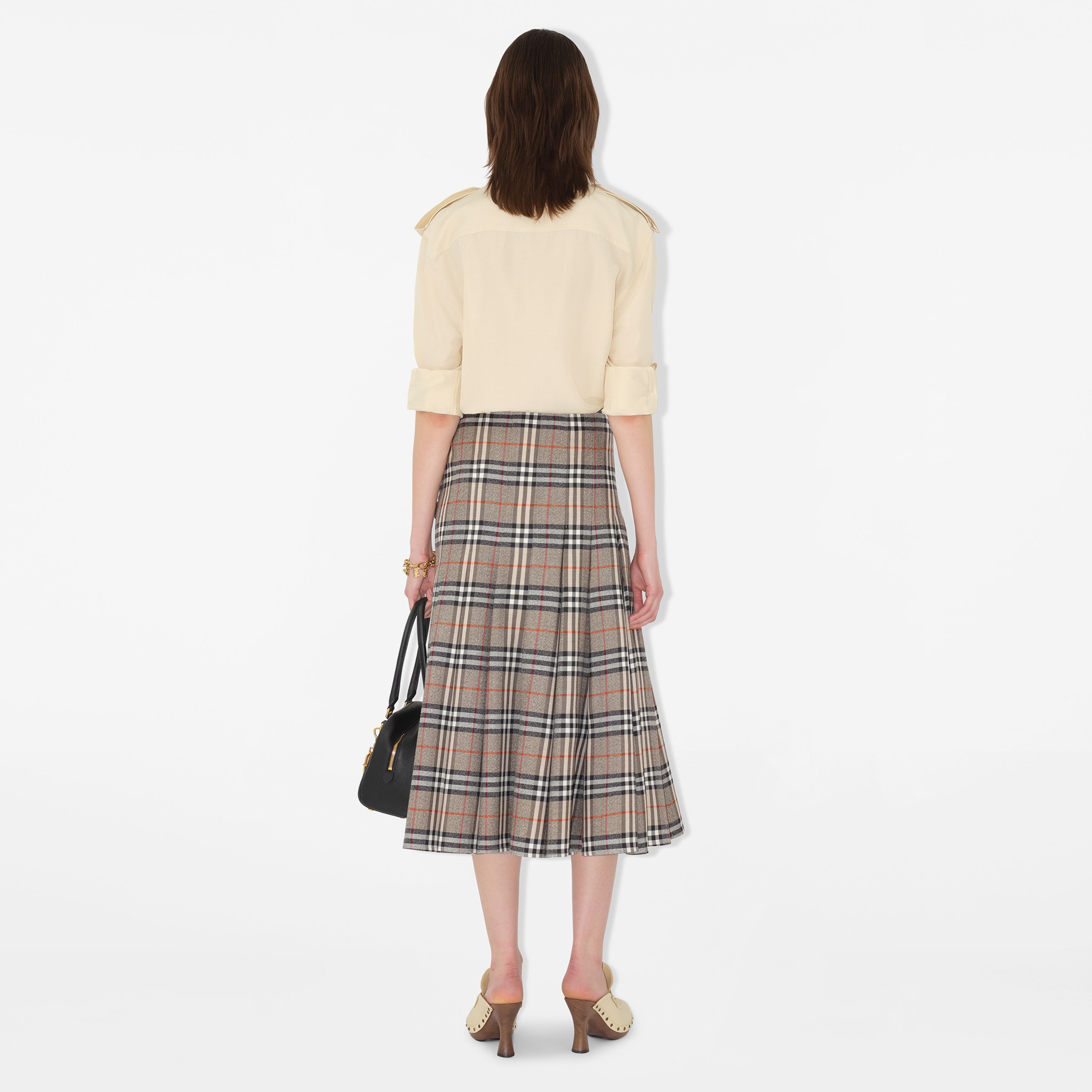 Burberry Check Wool Midi Kilt Kadın Bej Etek