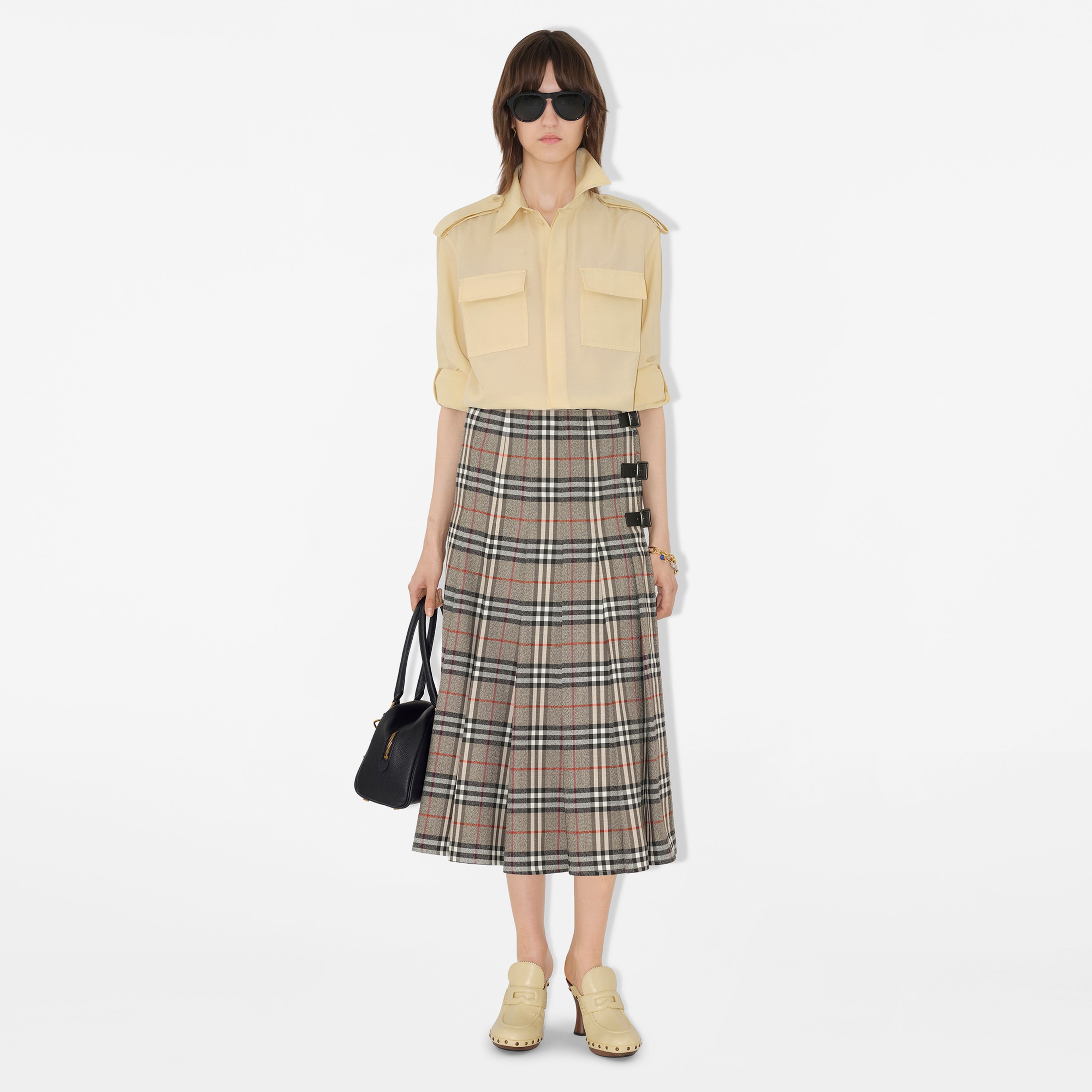 Burberry Check Wool Midi Kilt Kadın Bej Etek