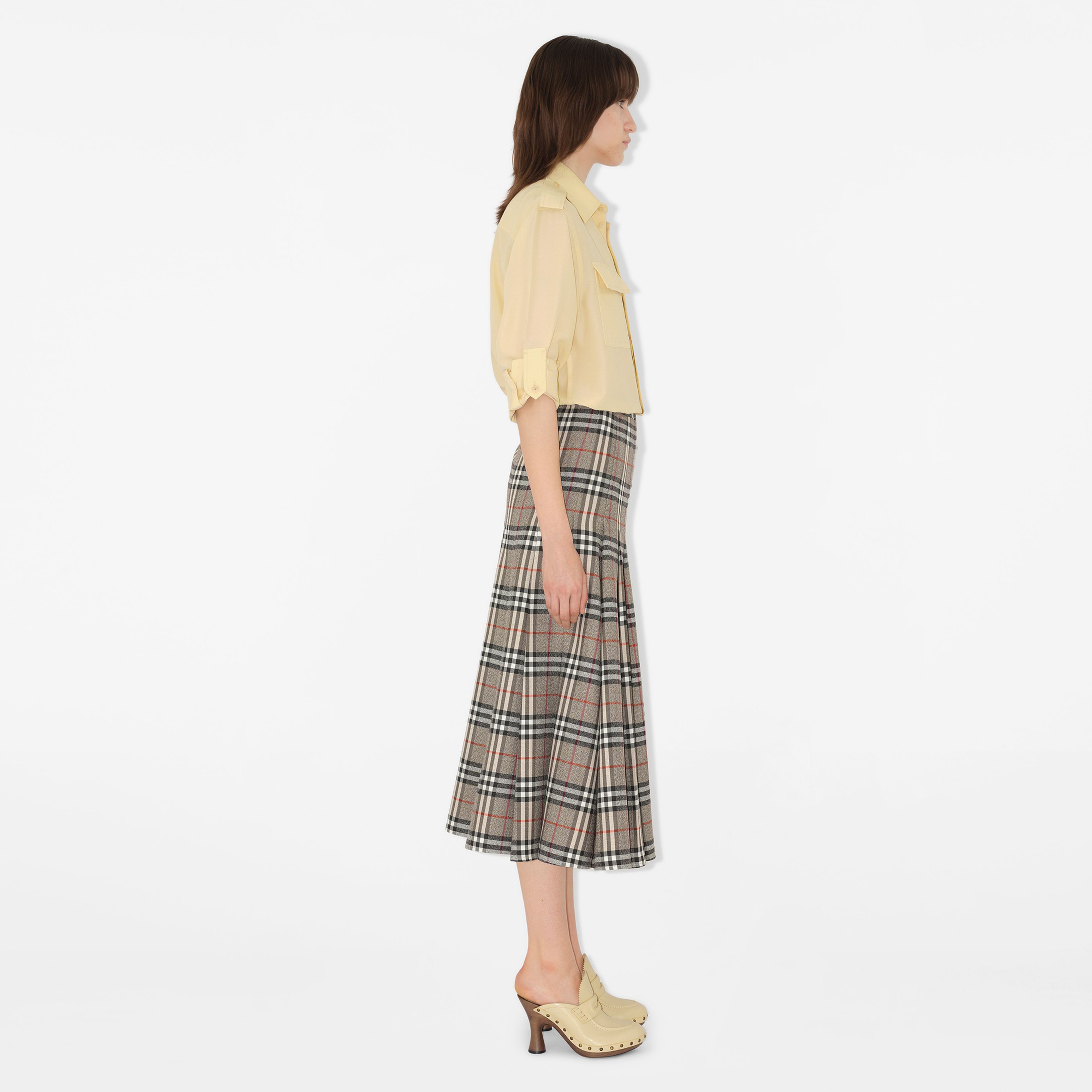 Burberry Check Wool Midi Kilt Kadın Bej Etek