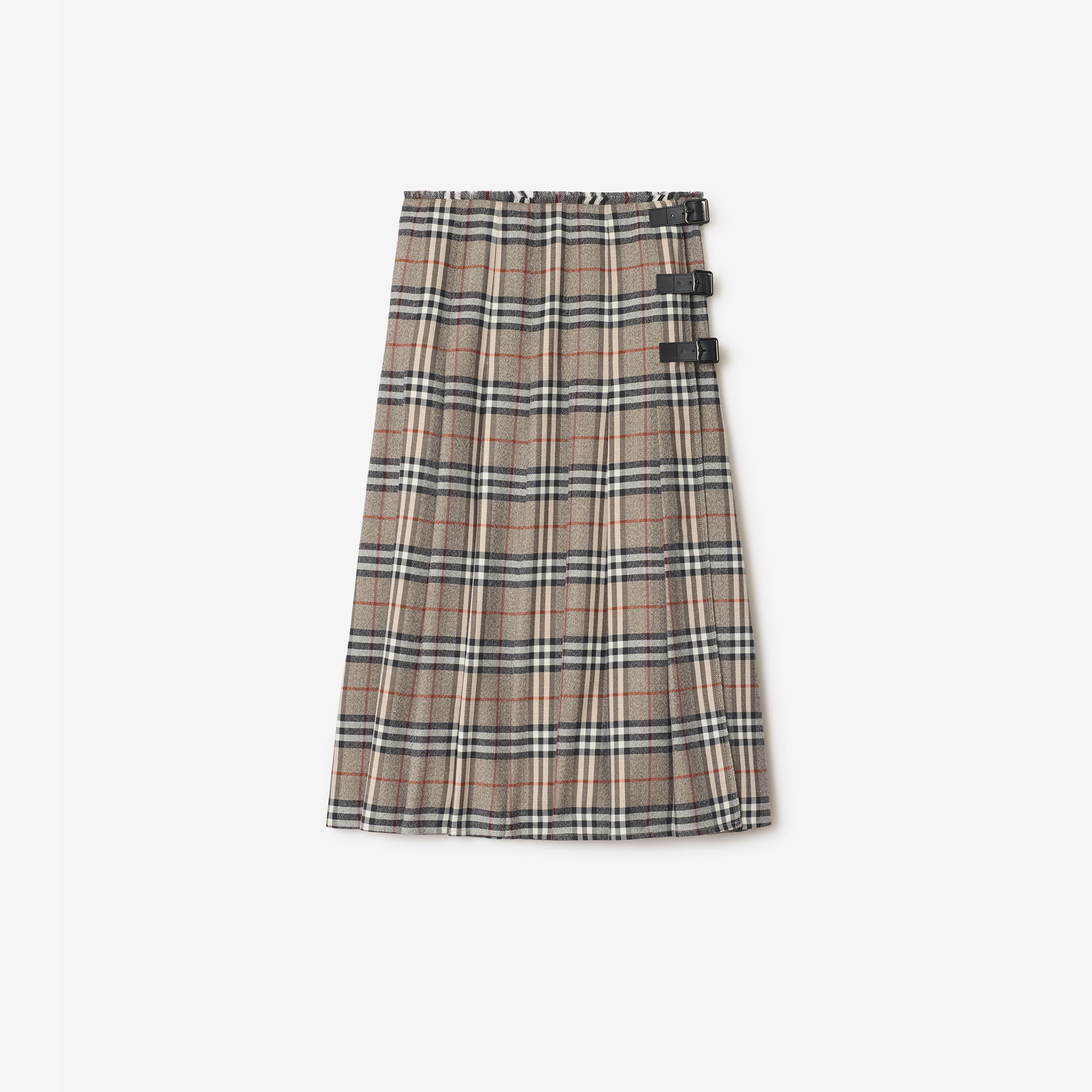 Burberry Check Wool Midi Kilt Kadın Bej Etek
