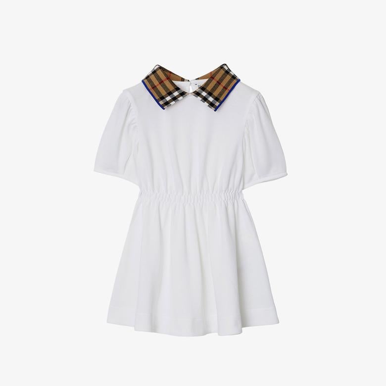 Burberry Check Collar Pamuklu Çocuk Beyaz Elbise