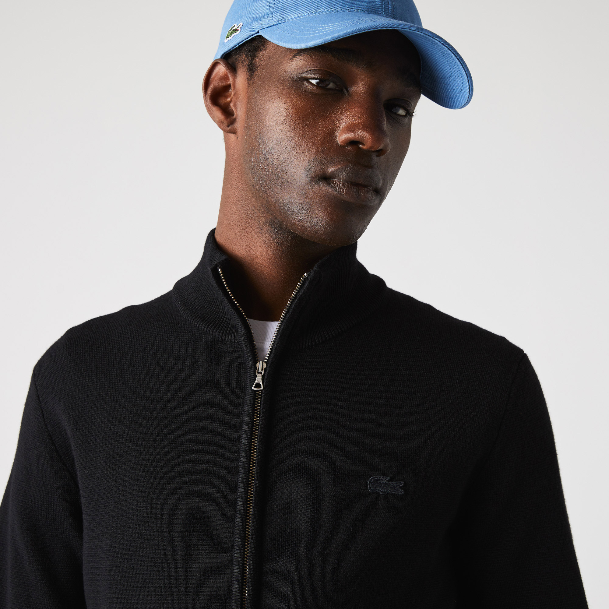 Lacoste Men's Zippered Stand-Up Neck Wool Cardigan