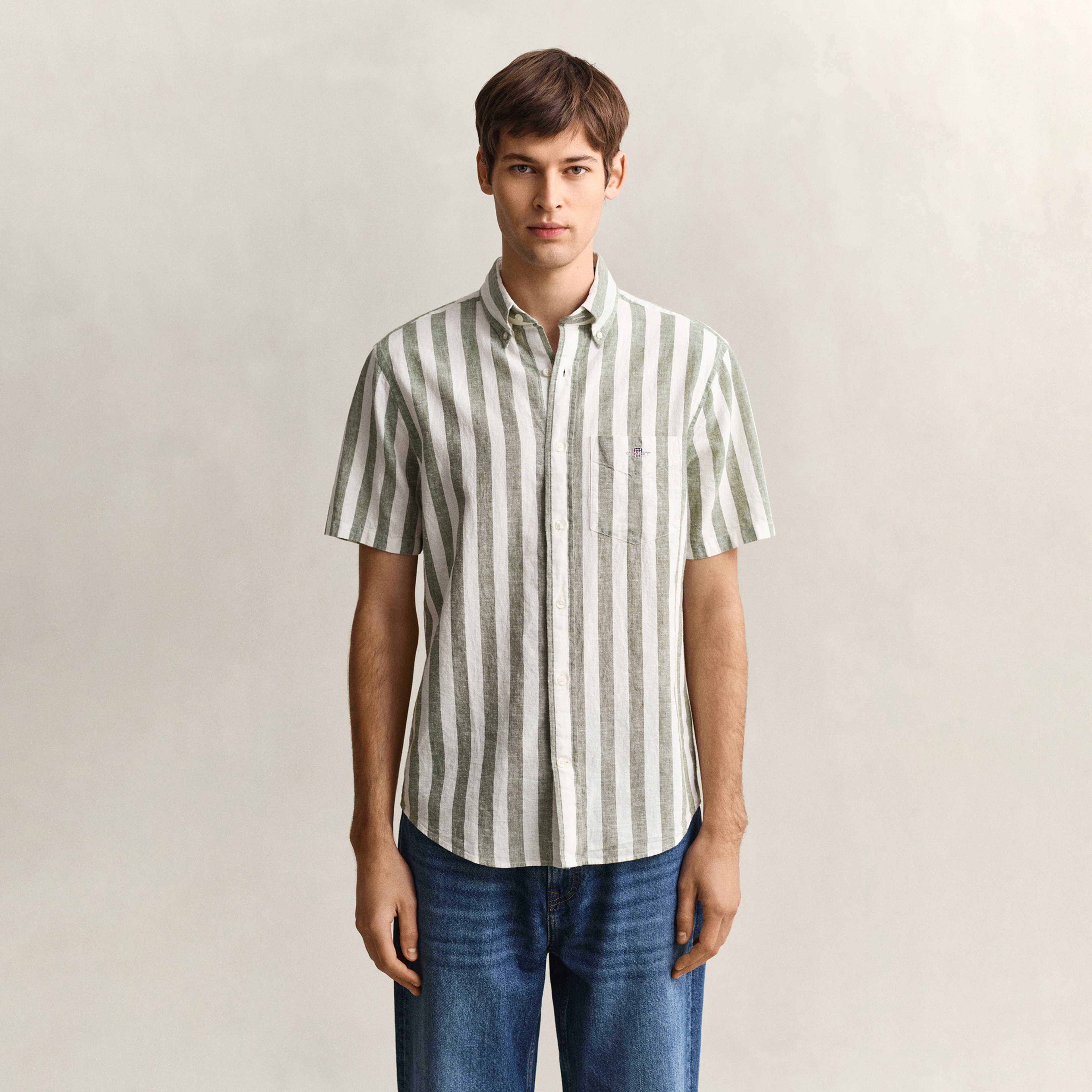 GANT Erkek Yeşil Regular Fit Çizgili Logolu Gömlek