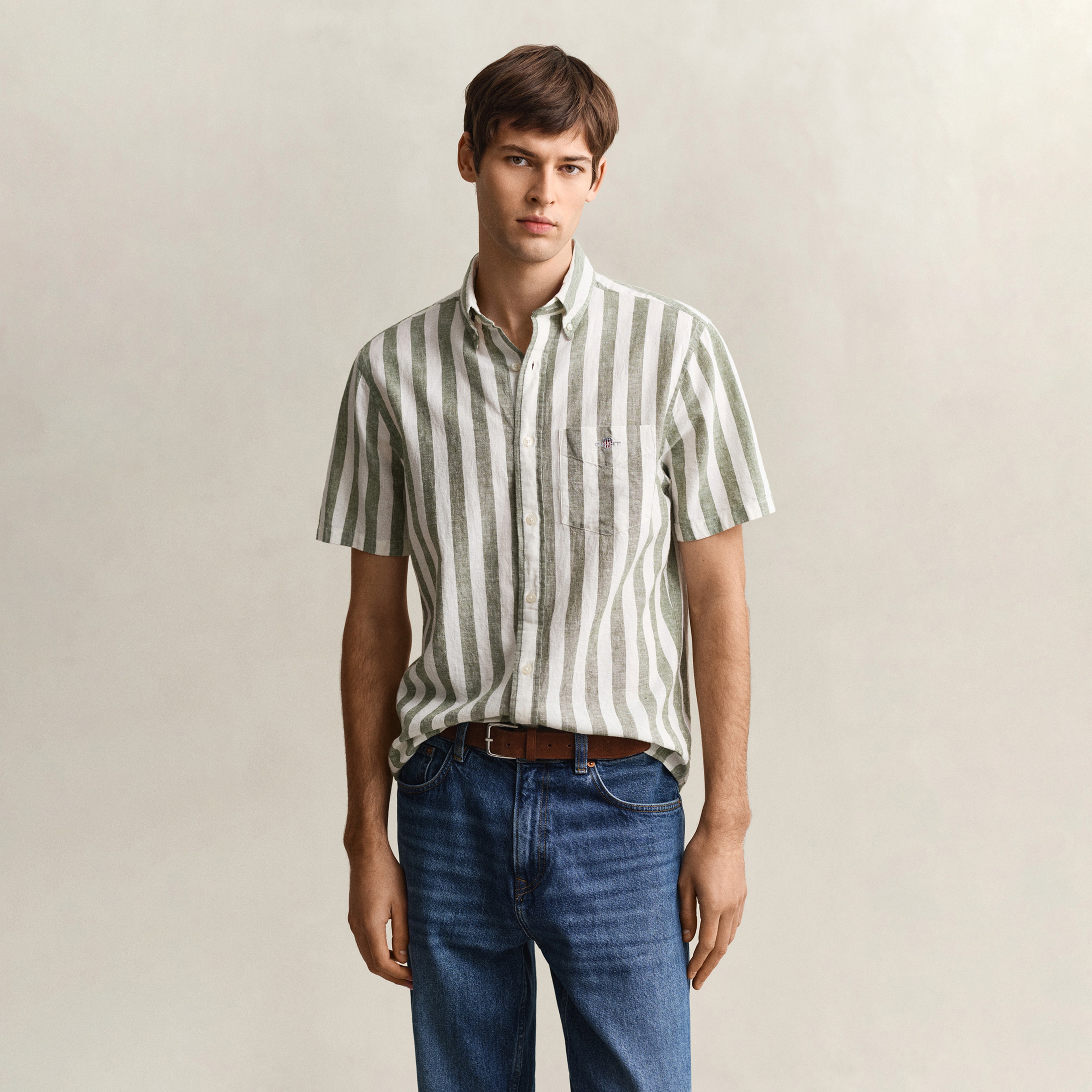 GANT Erkek Yeşil Regular Fit Çizgili Logolu Gömlek