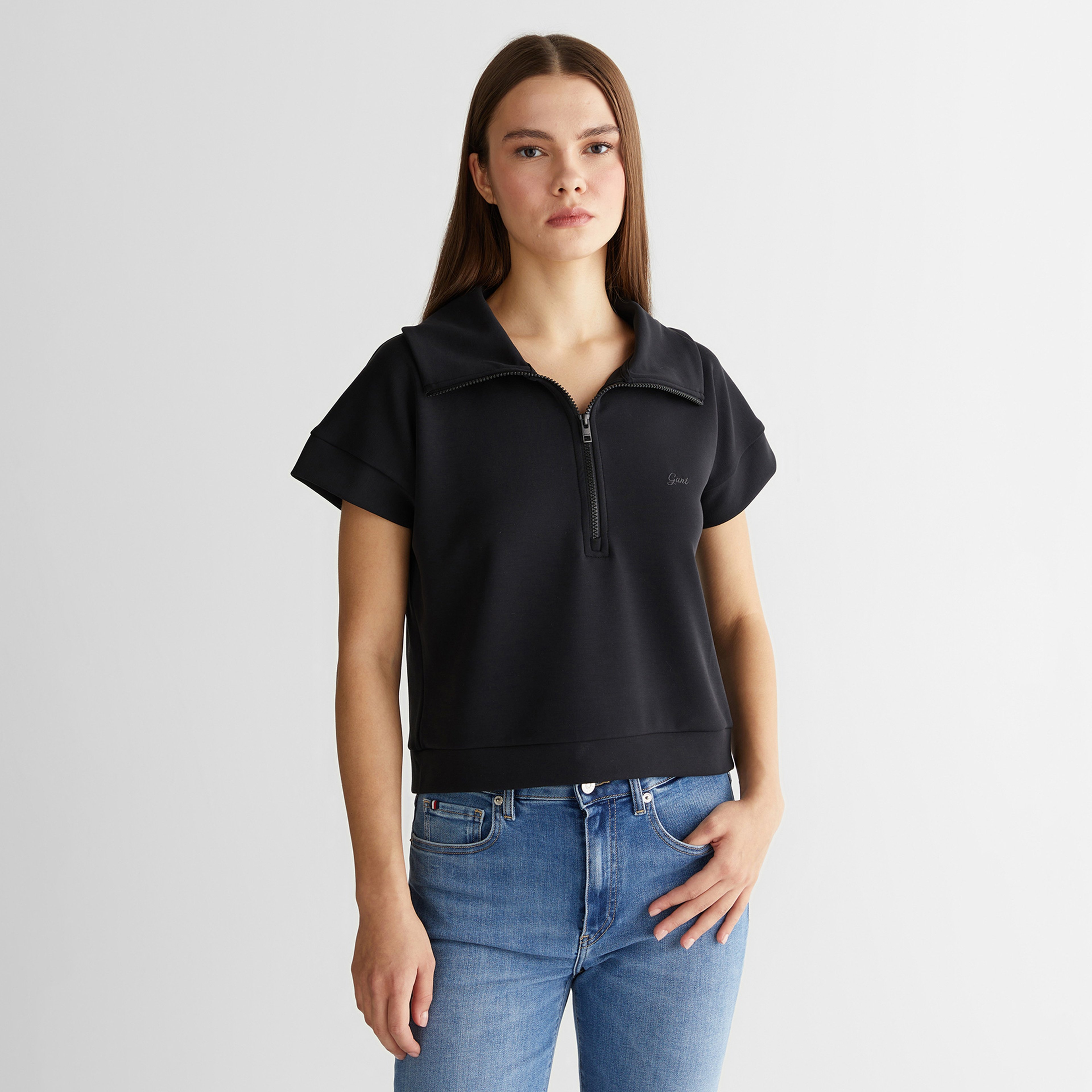 GANT Kadın Siyah Relaxed Fit Yarım Fermuarlı Sweatshirt