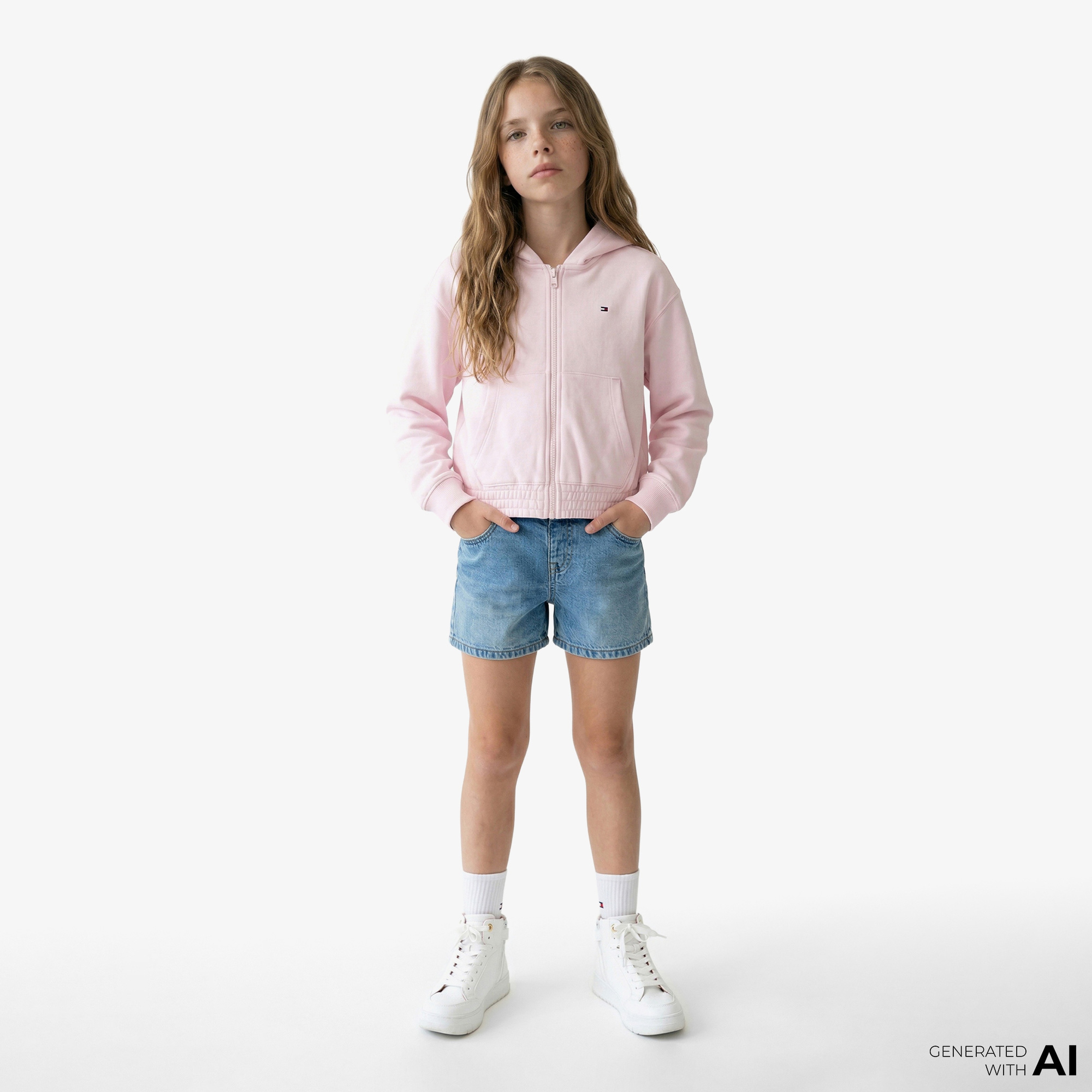 Tommy Hilfiger Puff Print Çocuk Fermuarlı Pembe Hoodie