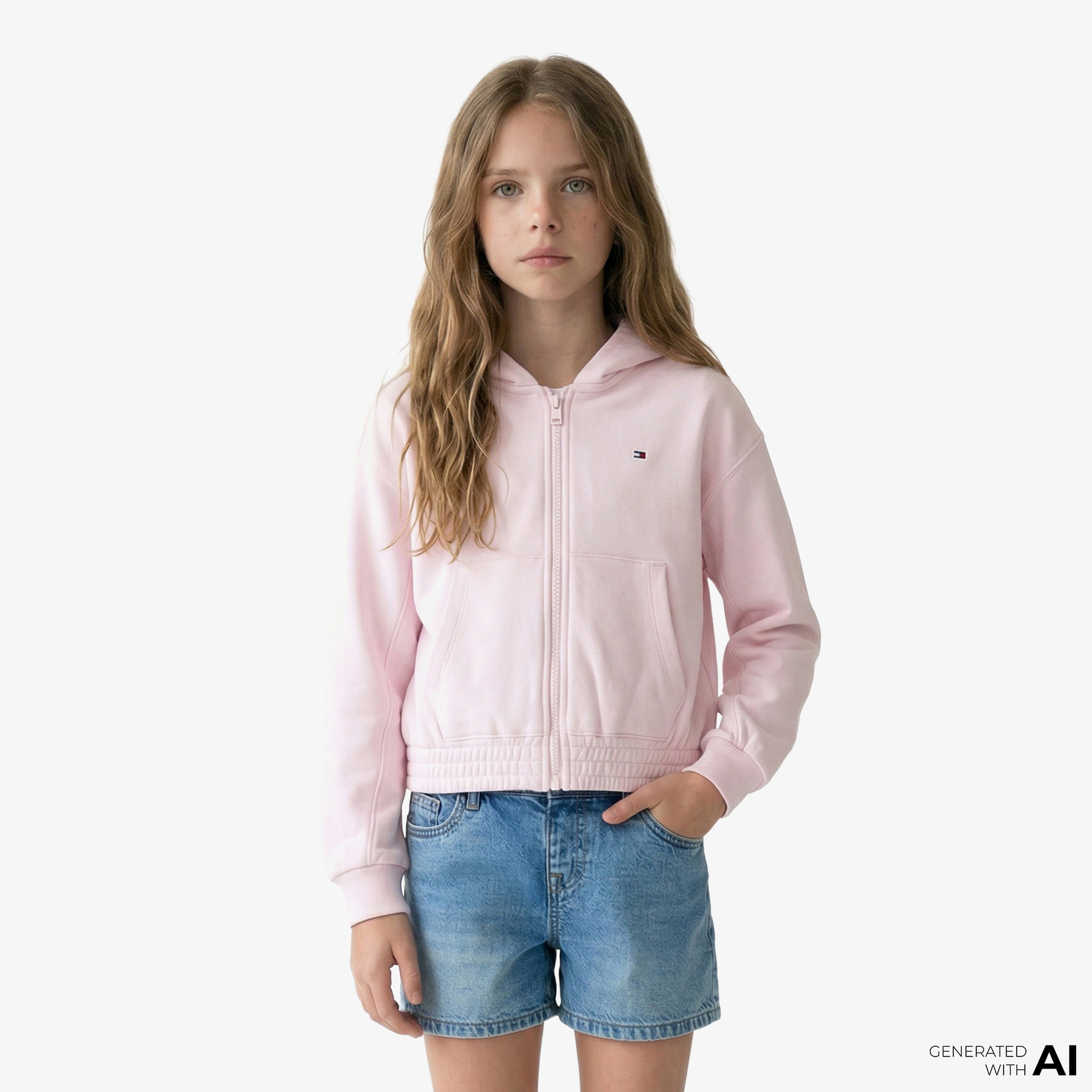Tommy Hilfiger Puff Print Çocuk Fermuarlı Pembe Hoodie