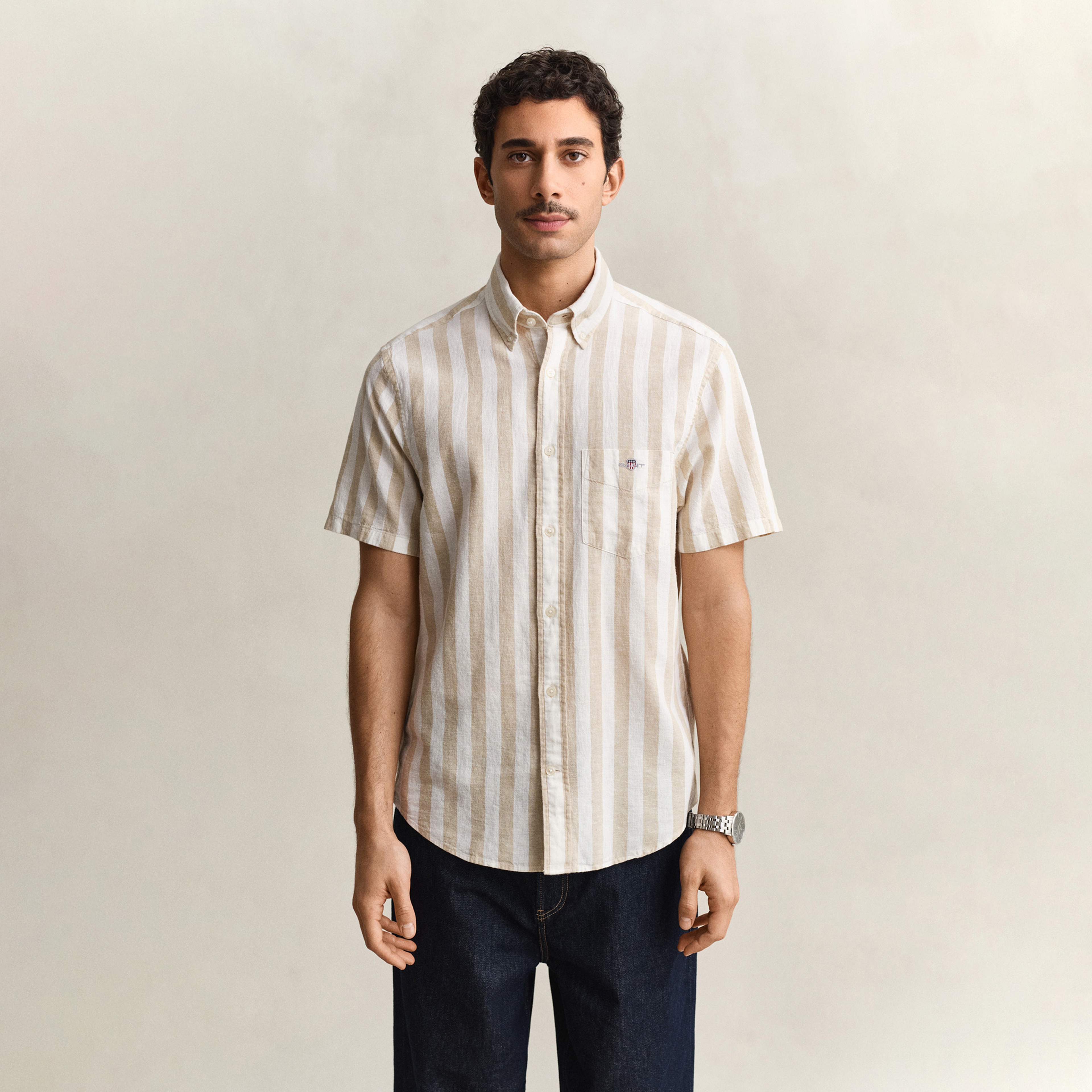 GANT Erkek Bej Regular Fit Çizgili Logolu Gömlek