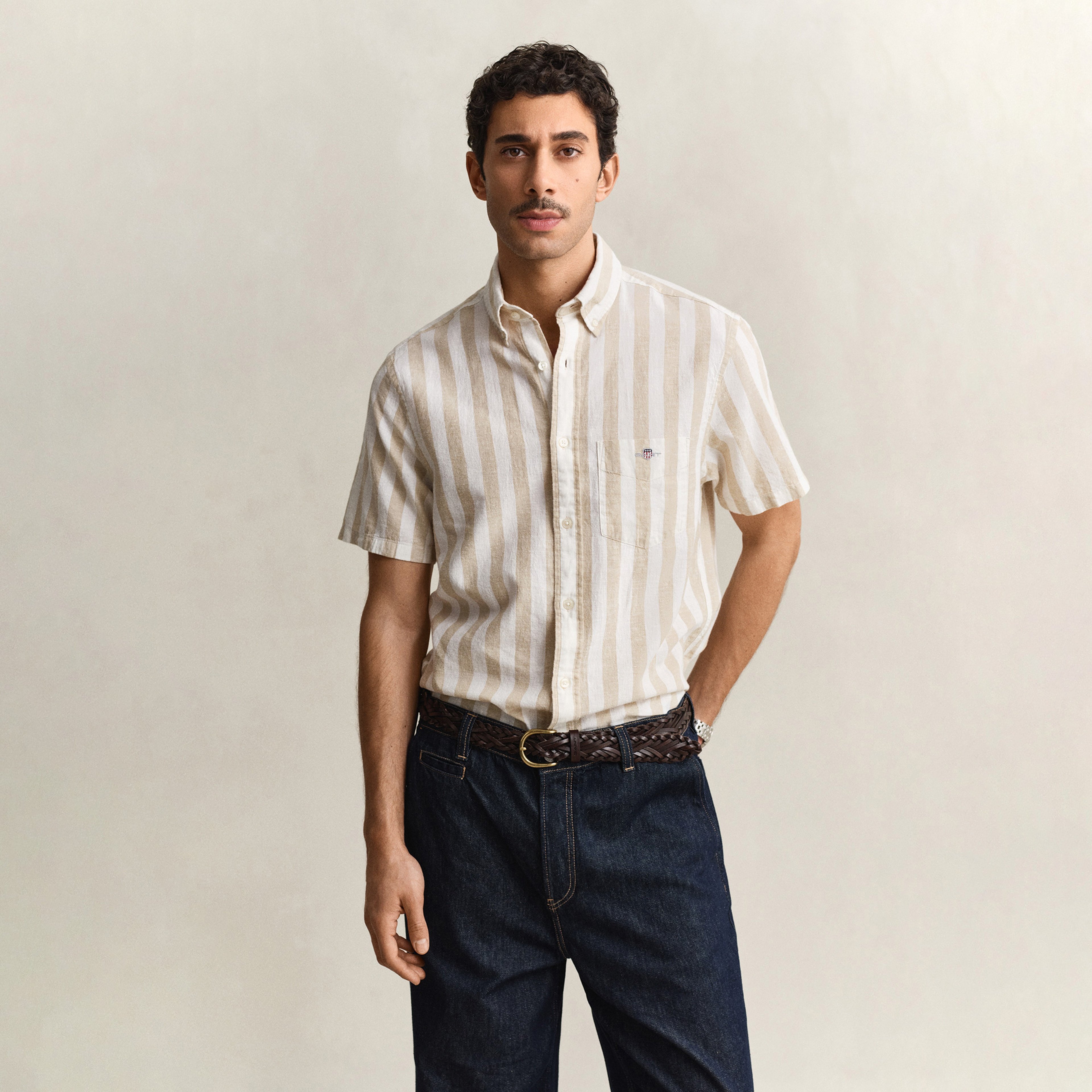 GANT Erkek Bej Regular Fit Çizgili Logolu Gömlek