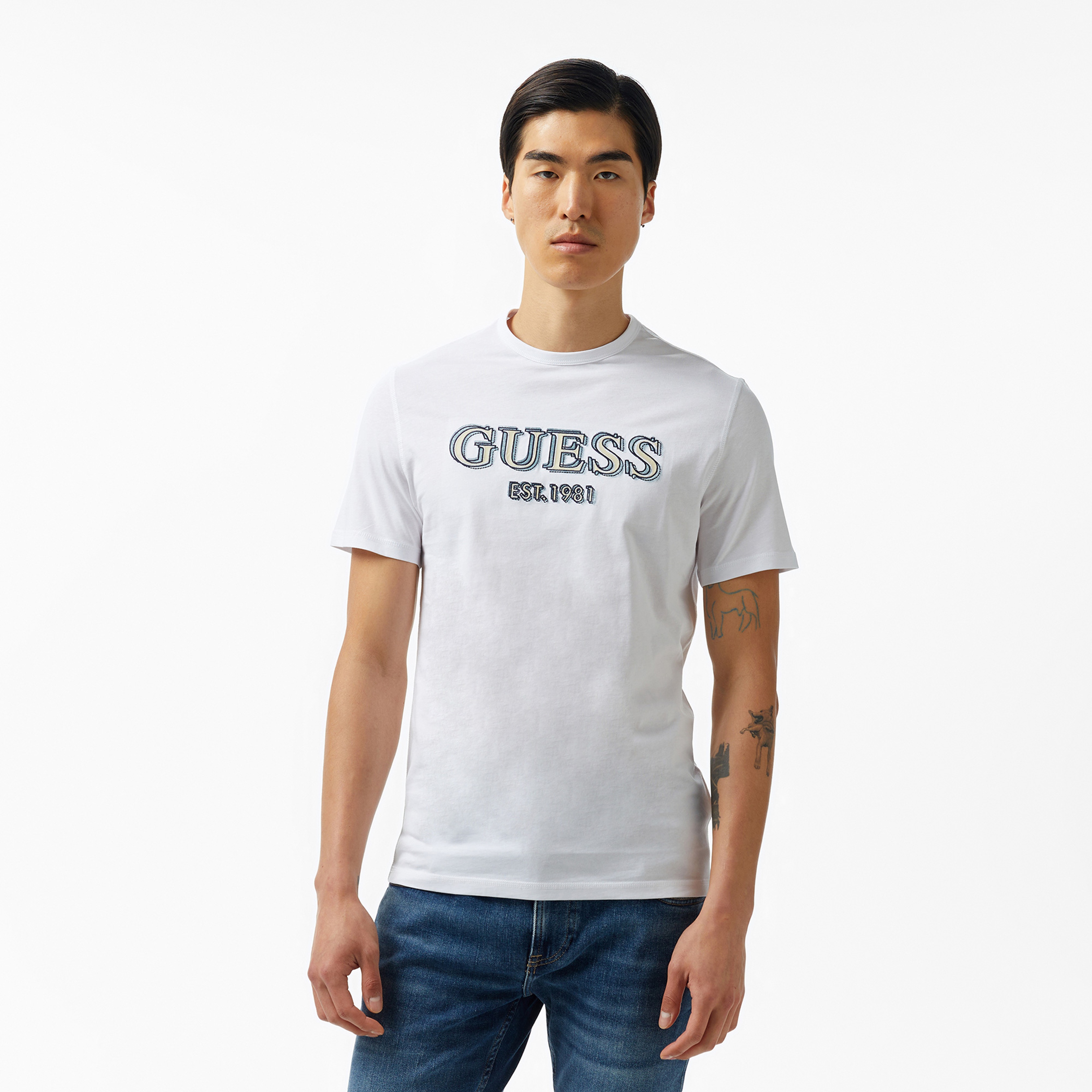 Guess Logo Mid Organic Stream Erkek Beyaz T-Shirt