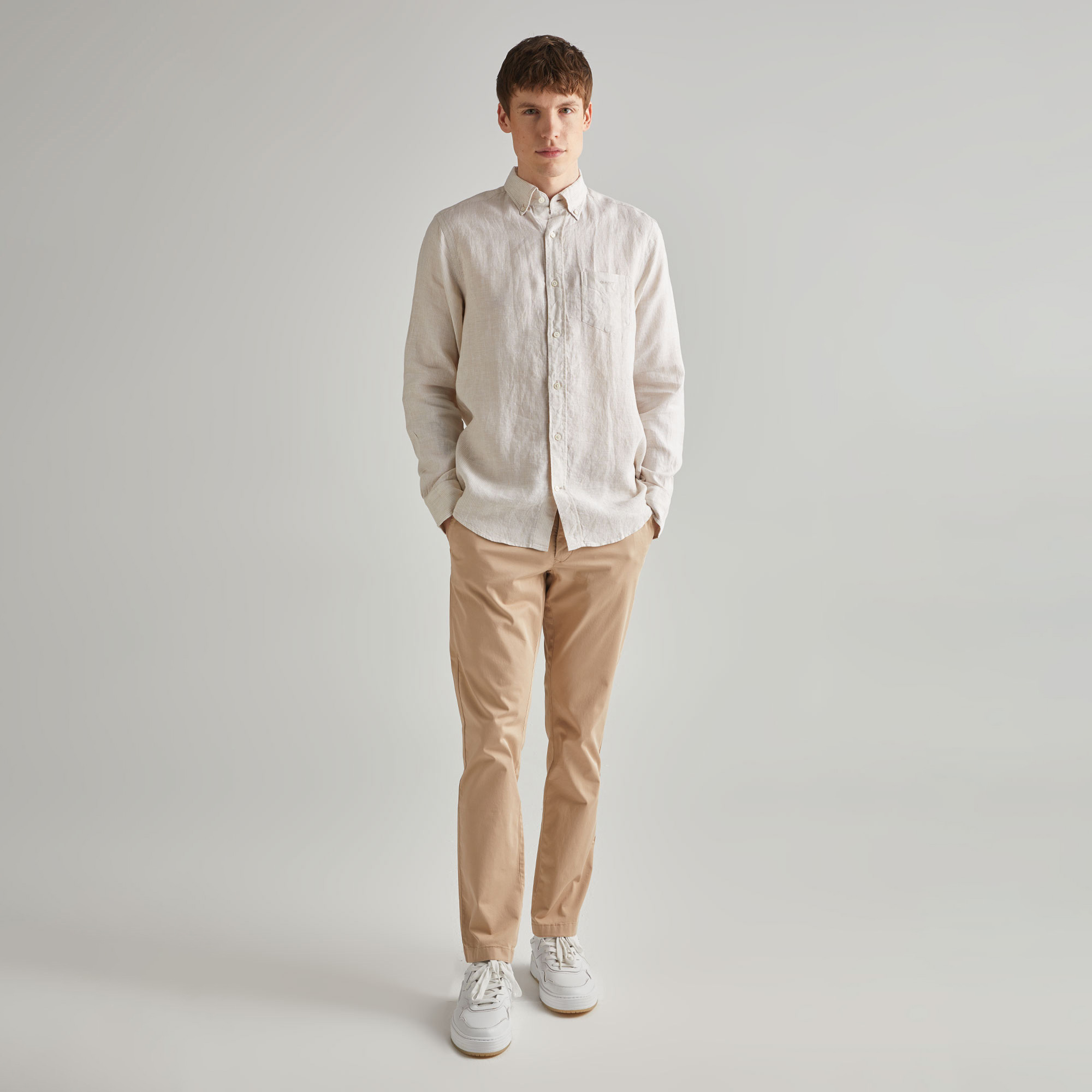 GANT Erkek Bej Regular Fit Çizgili Keten Gömlek