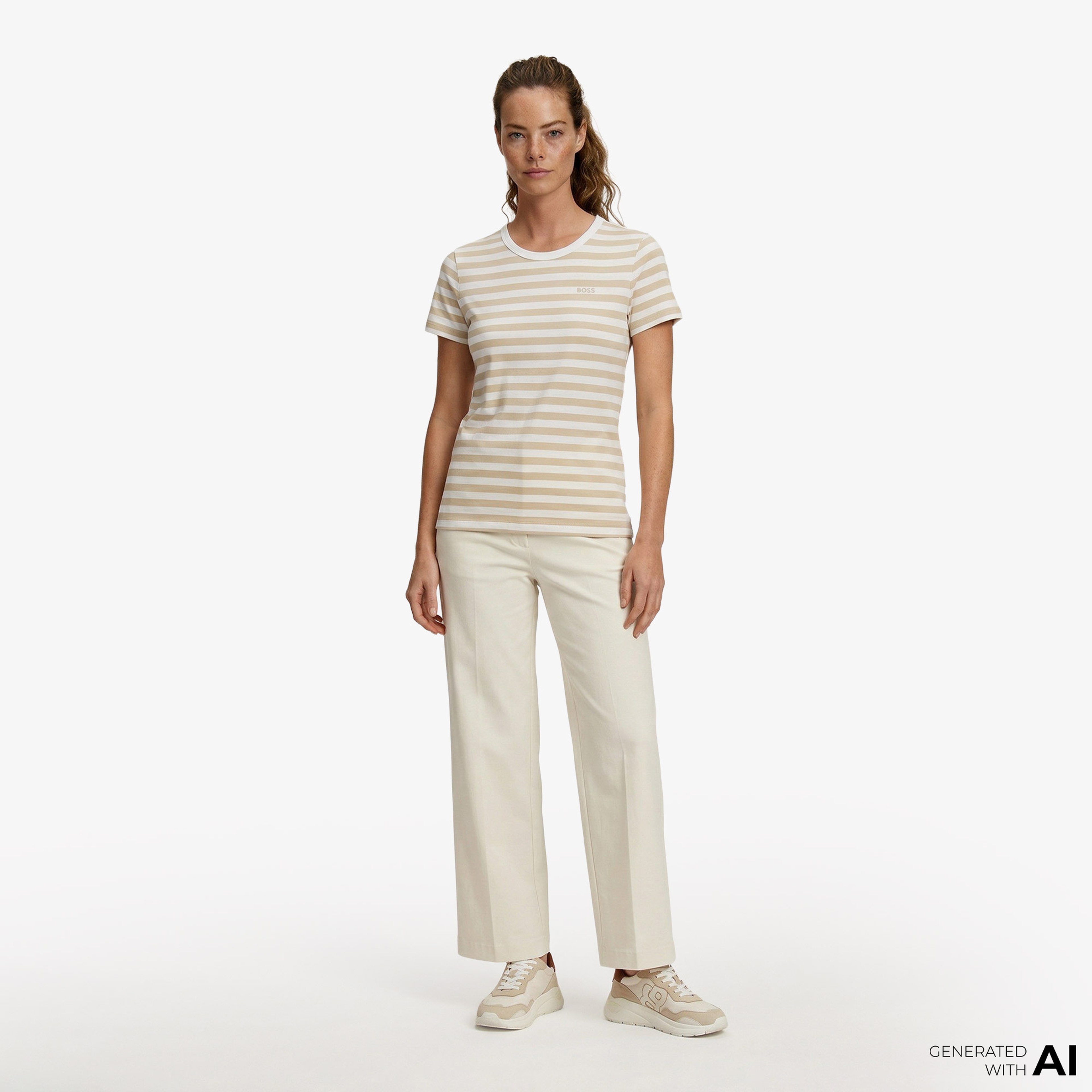 Boss Esla Striped Kadın Krem T-Shirt