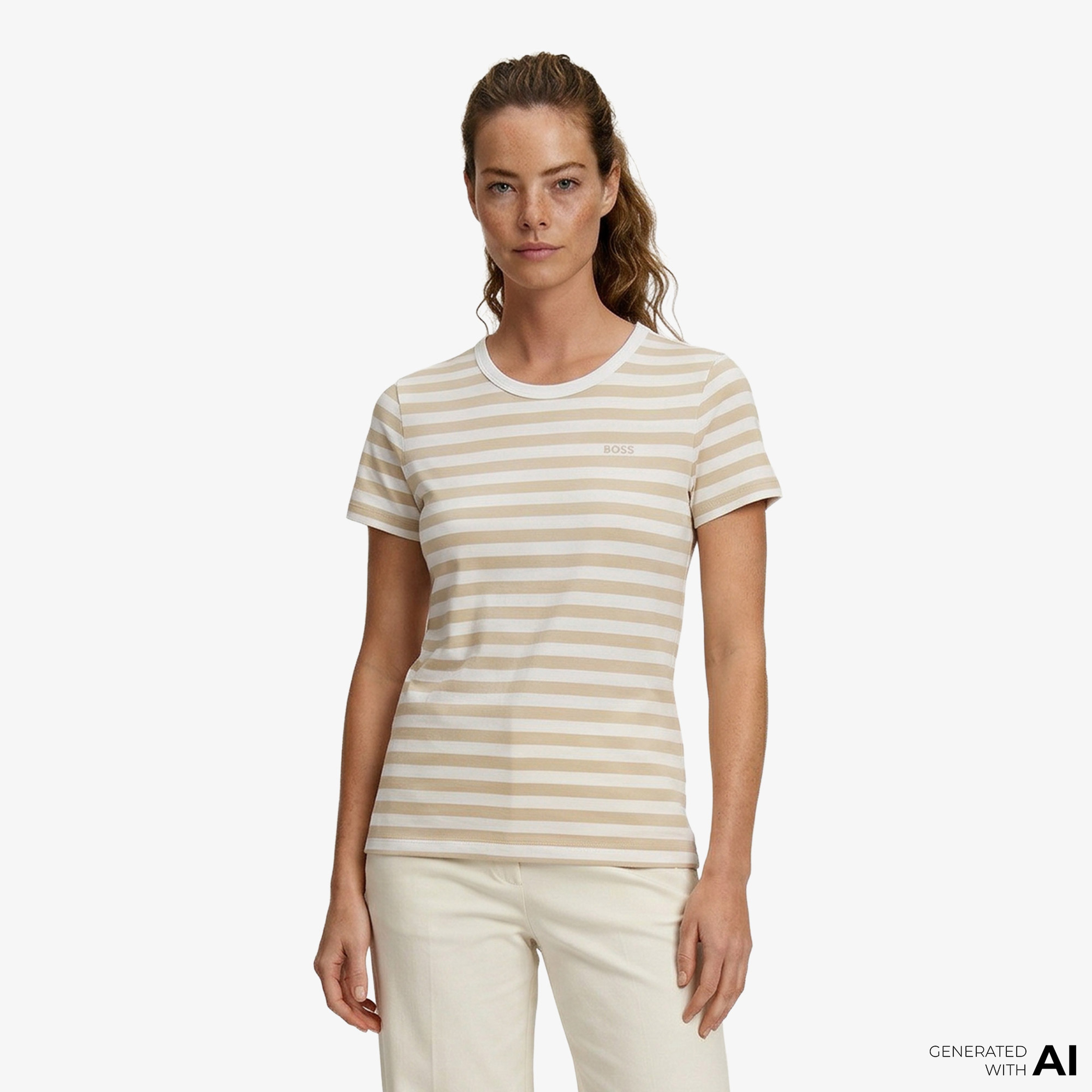 Boss Esla Striped Kadın Krem T-Shirt
