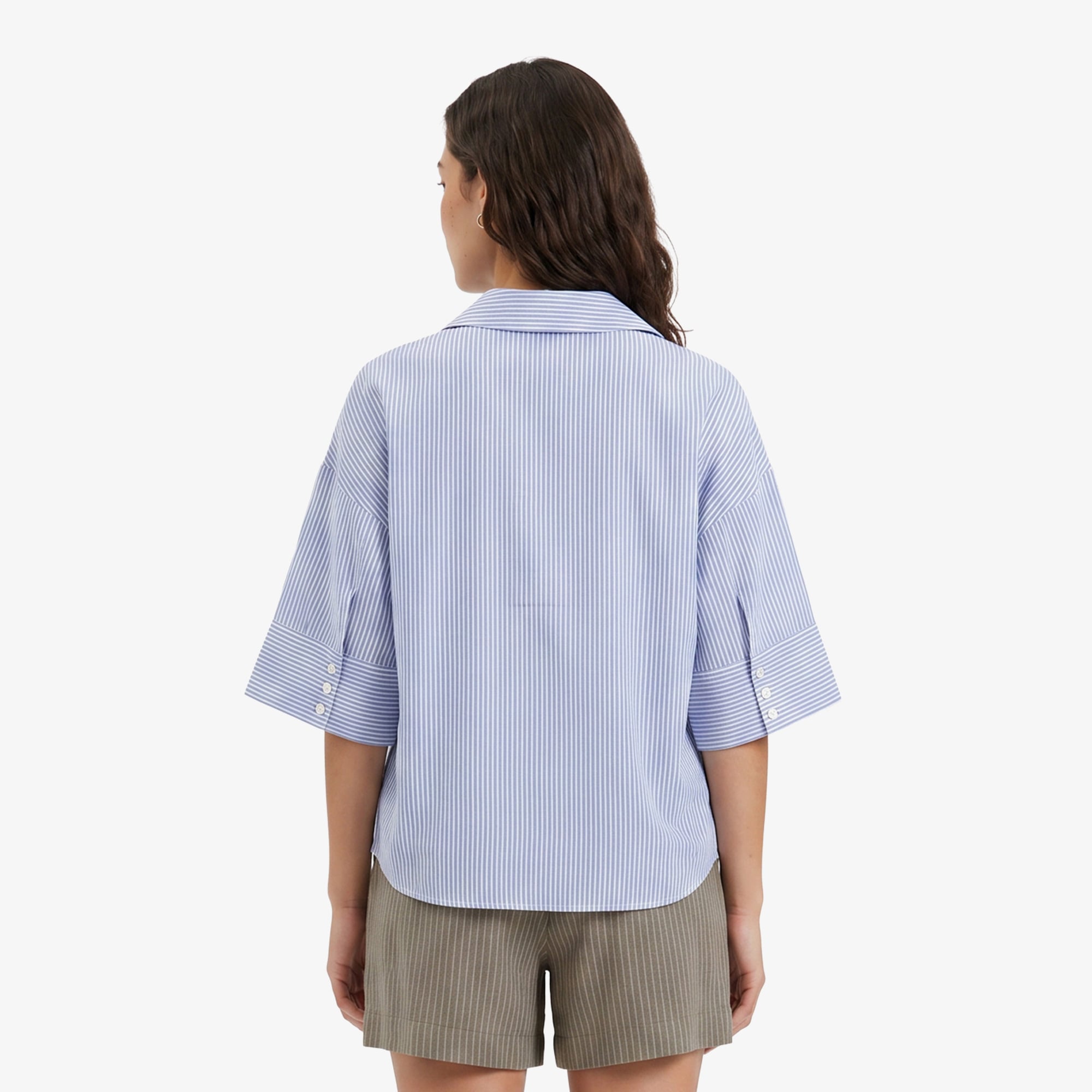 Nautica Kadın Mavi Regular Fit Kısa Kollu Çizgili Keten Gömlek
