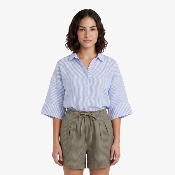 Nautica Kadın Mavi Regular Fit Kısa Kollu Çizgili Keten Gömlek