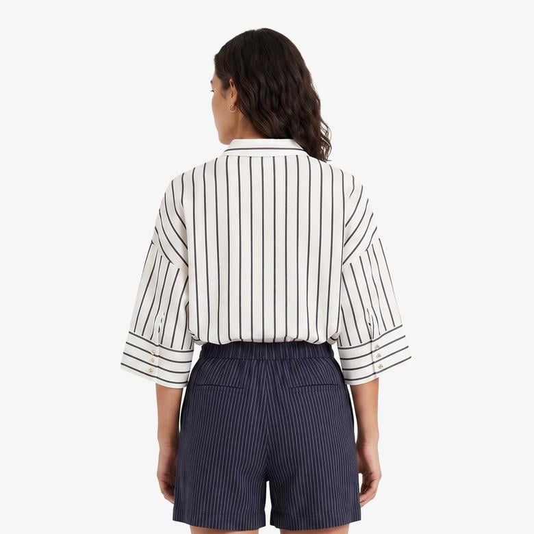 Nautica Kadın Beyaz Regular Fit Kısa Kollu Çizgili Gömlek
