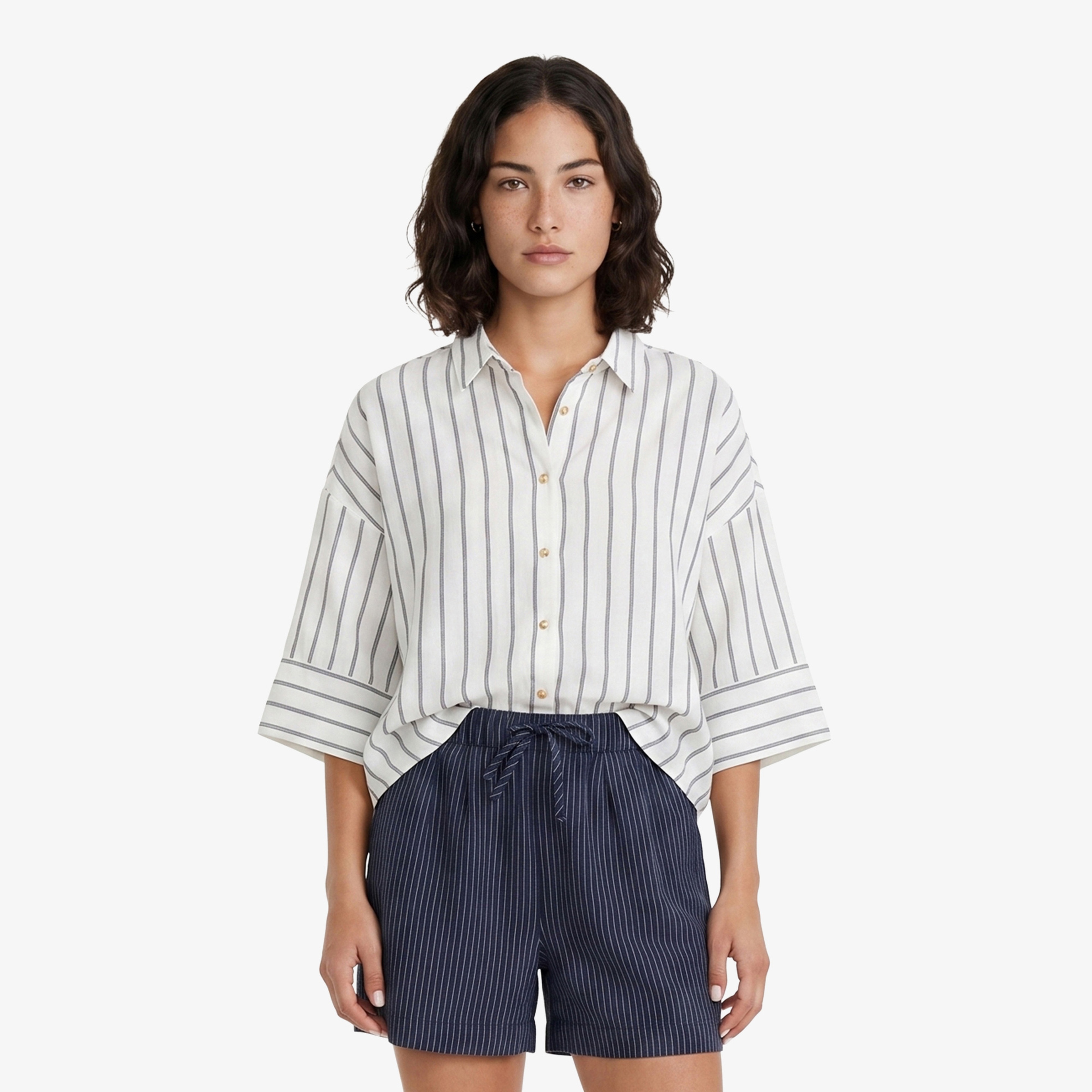 Nautica Kadın Beyaz Regular Fit Kısa Kollu Çizgili Gömlek